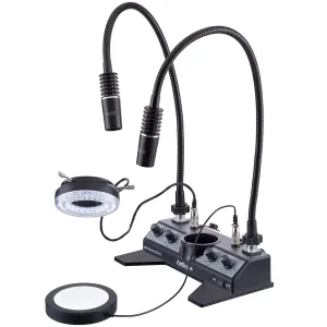 AmScope LED Illuminator Set with Stage-plate, Ring Light, two Gooseneck Lamps   Base Plate in Black Finish