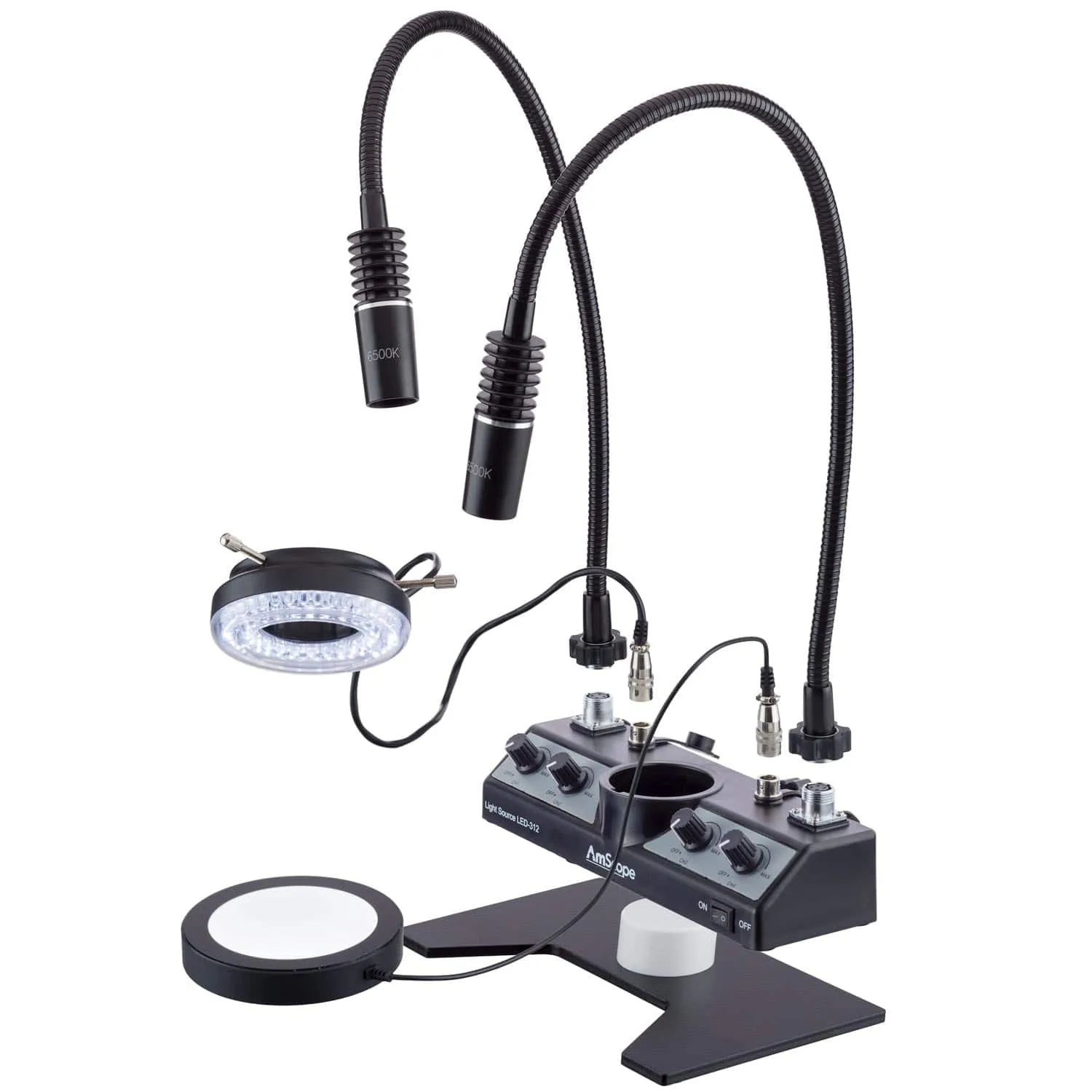 AmScope LED Illuminator Set with Stage-plate, Ring Light, two Gooseneck Lamps   Base Plate in Black Finish
