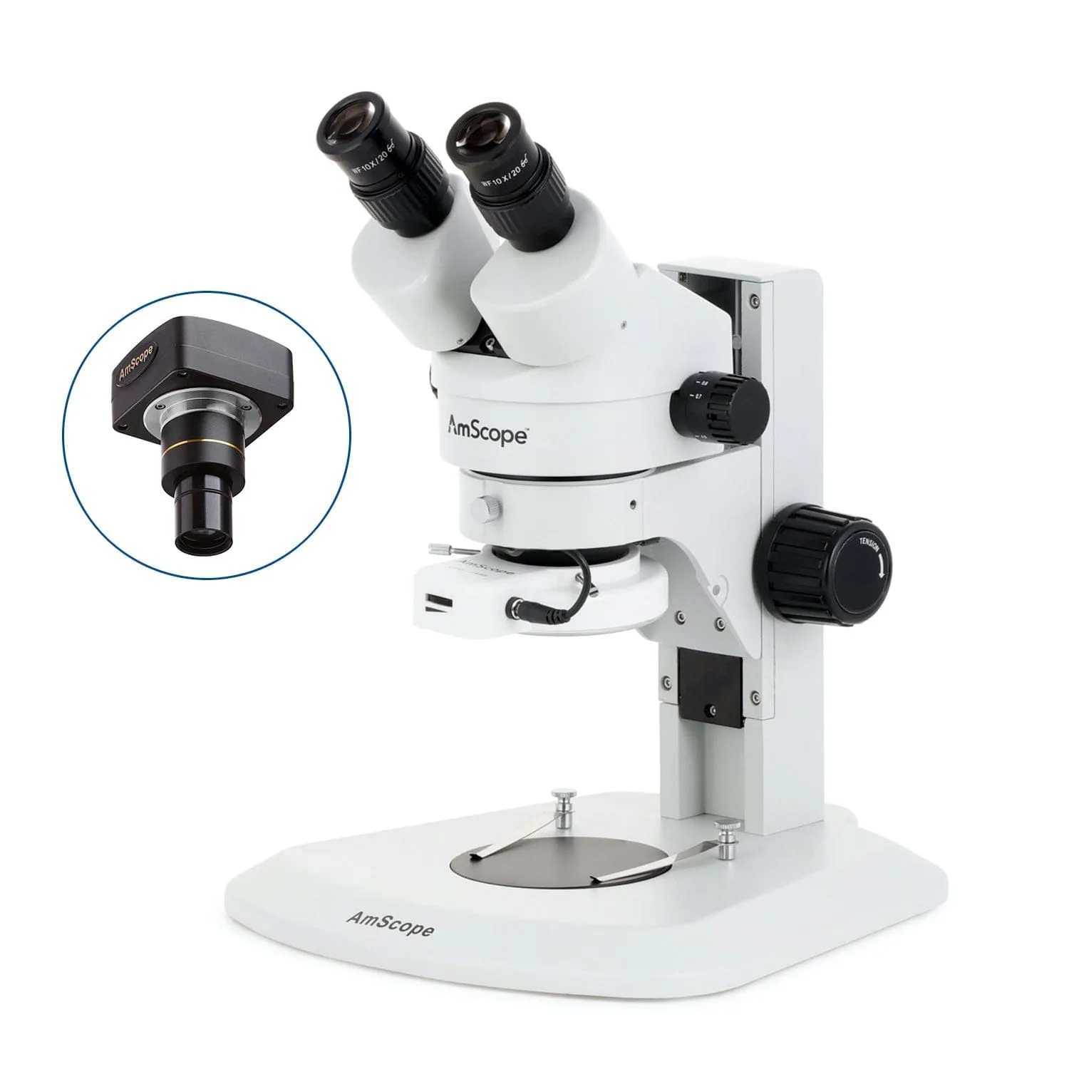 AmScope SM-1 Series Super Widefield Zoom Binocular Stereo Microscope with 144 LED Compact Ring Light and Optional Digital Camera on Track Stand