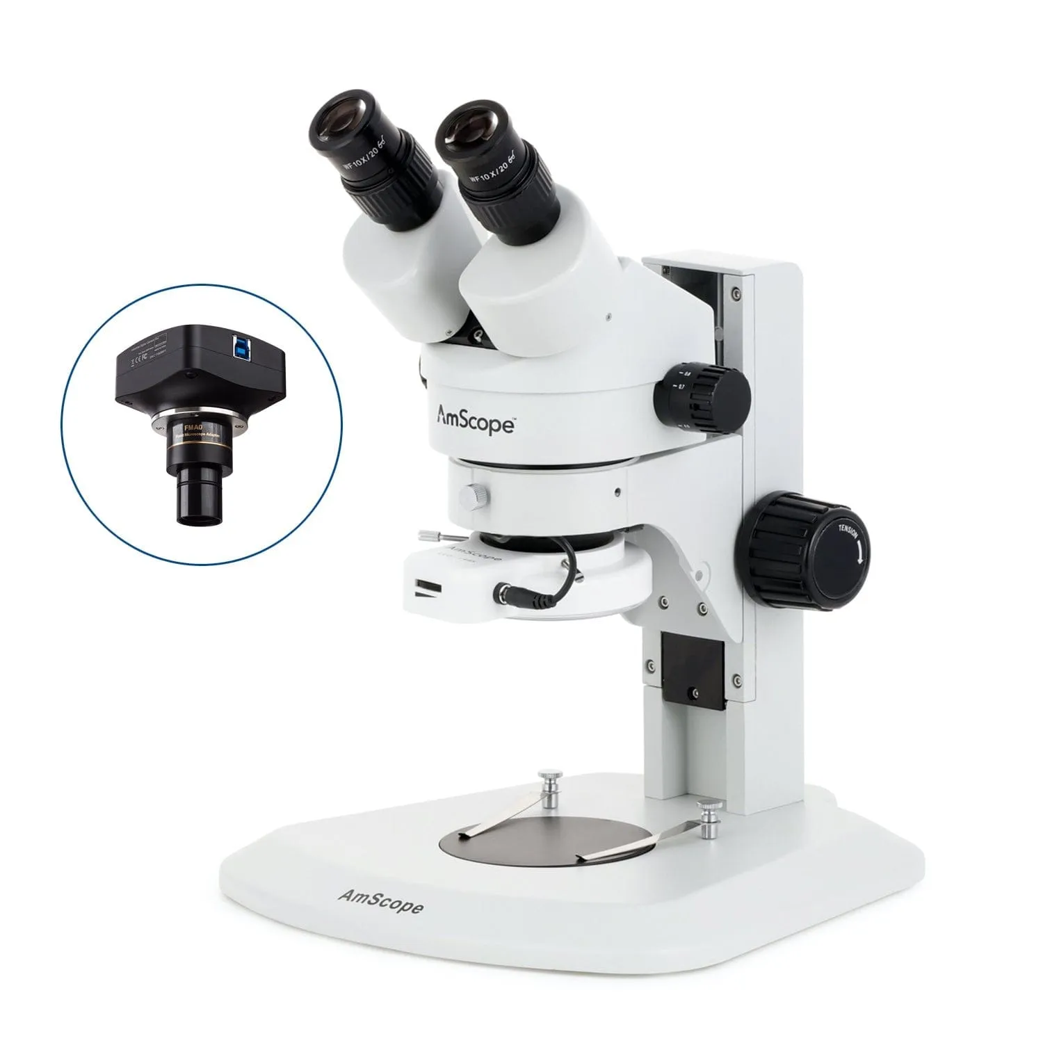 AmScope SM-1 Series Super Widefield Zoom Binocular Stereo Microscope with 144 LED Compact Ring Light and Optional Digital Camera on Track Stand