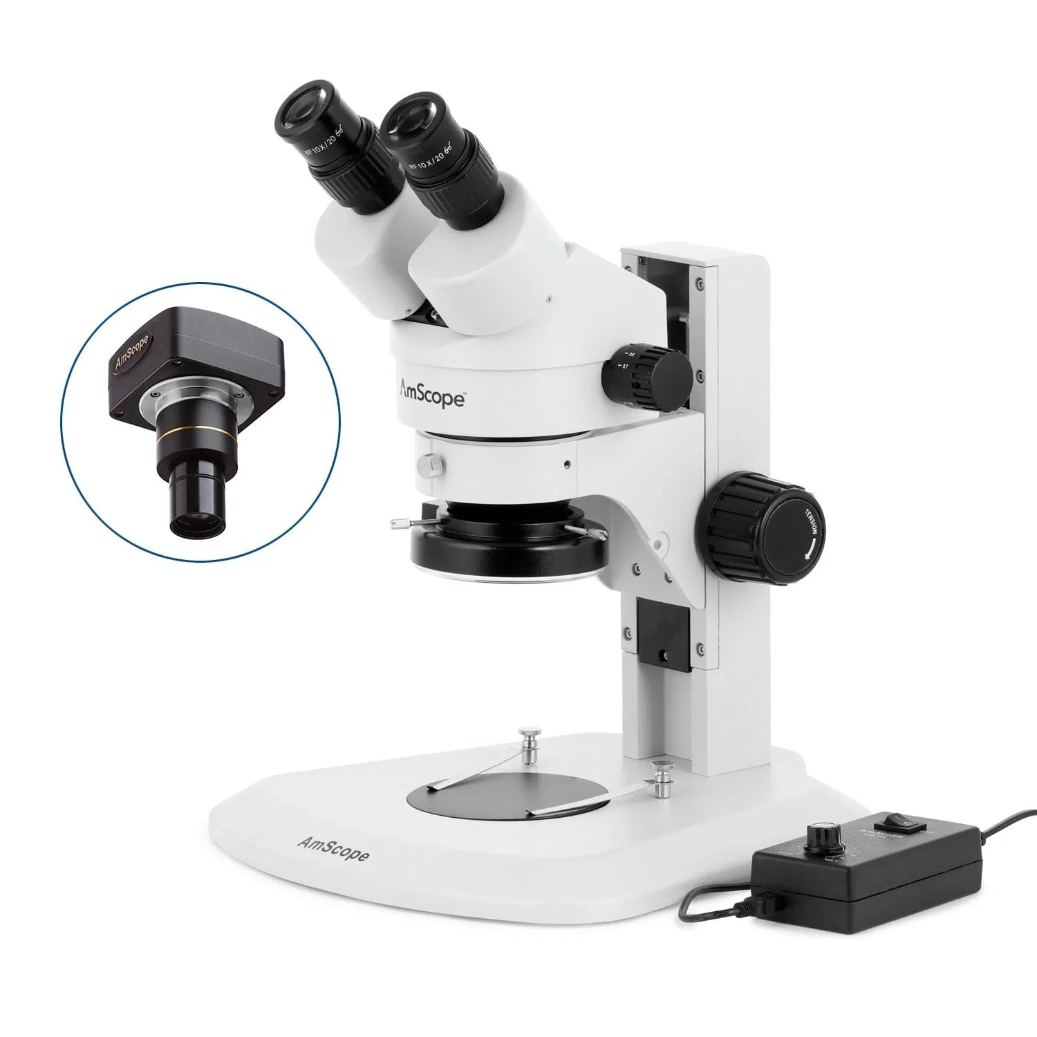 AmScope SM-1 Series Super Widefield Zoom Binocular Stereo Microscope with 144 LED Ring Light and Optional Digital Camera on Track Stand