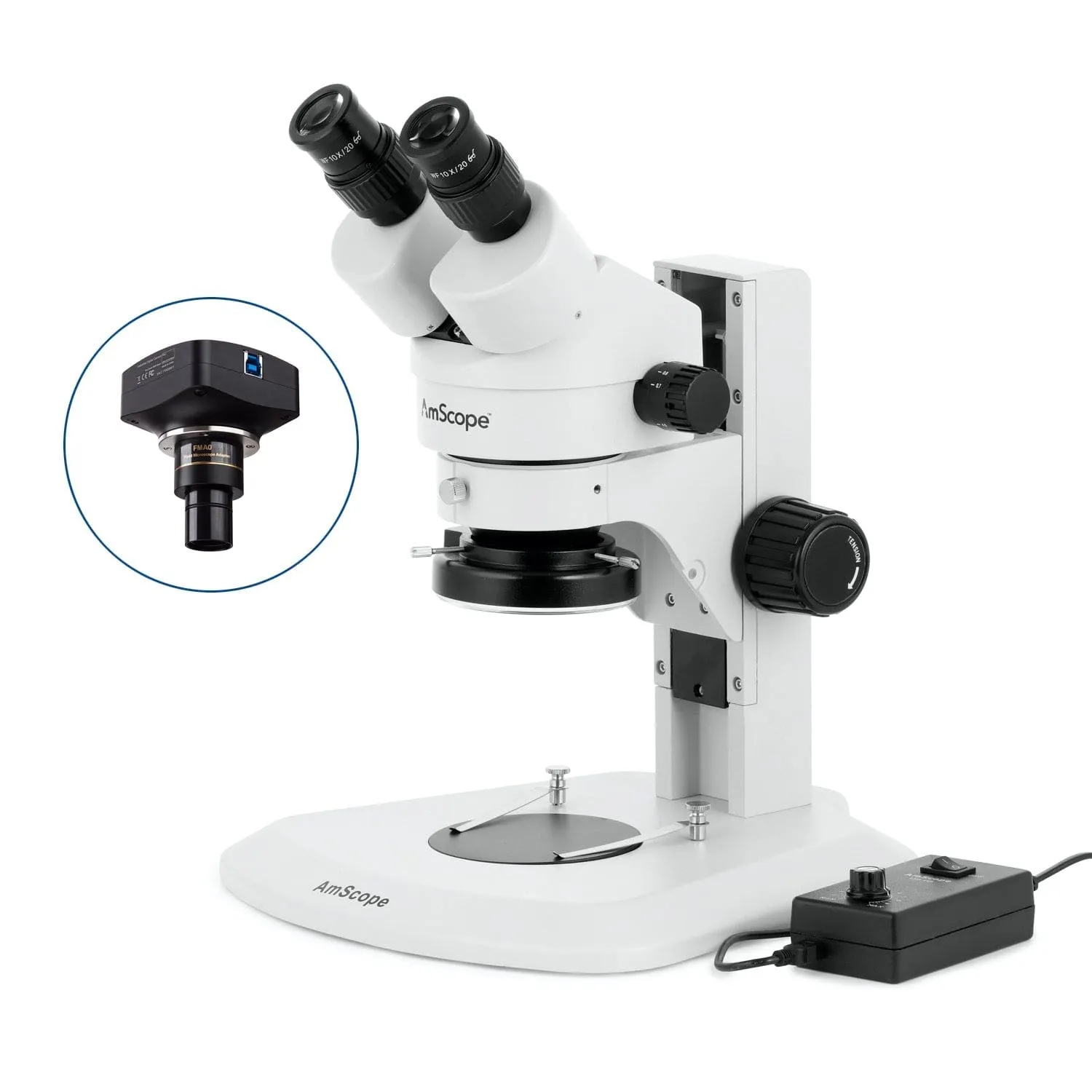 AmScope SM-1 Series Super Widefield Zoom Binocular Stereo Microscope with 144 LED Ring Light and Optional Digital Camera on Track Stand