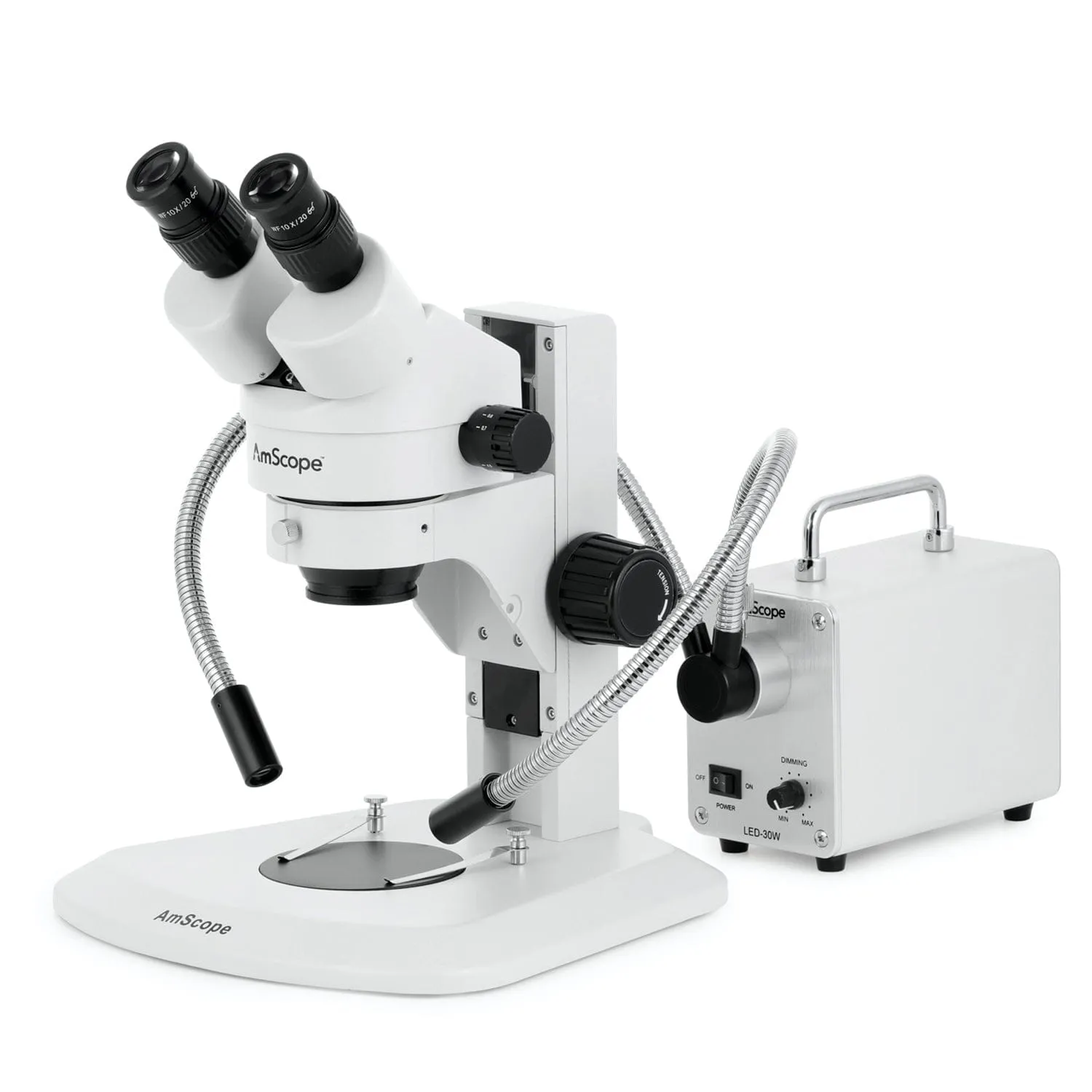 AmScope SM-1 Series Super Widefield Zoom Binocular Stereo Microscope with 30W LED Dual Gooseneck Fiber Optic Lights and Optional Digital Camera on Track Stand