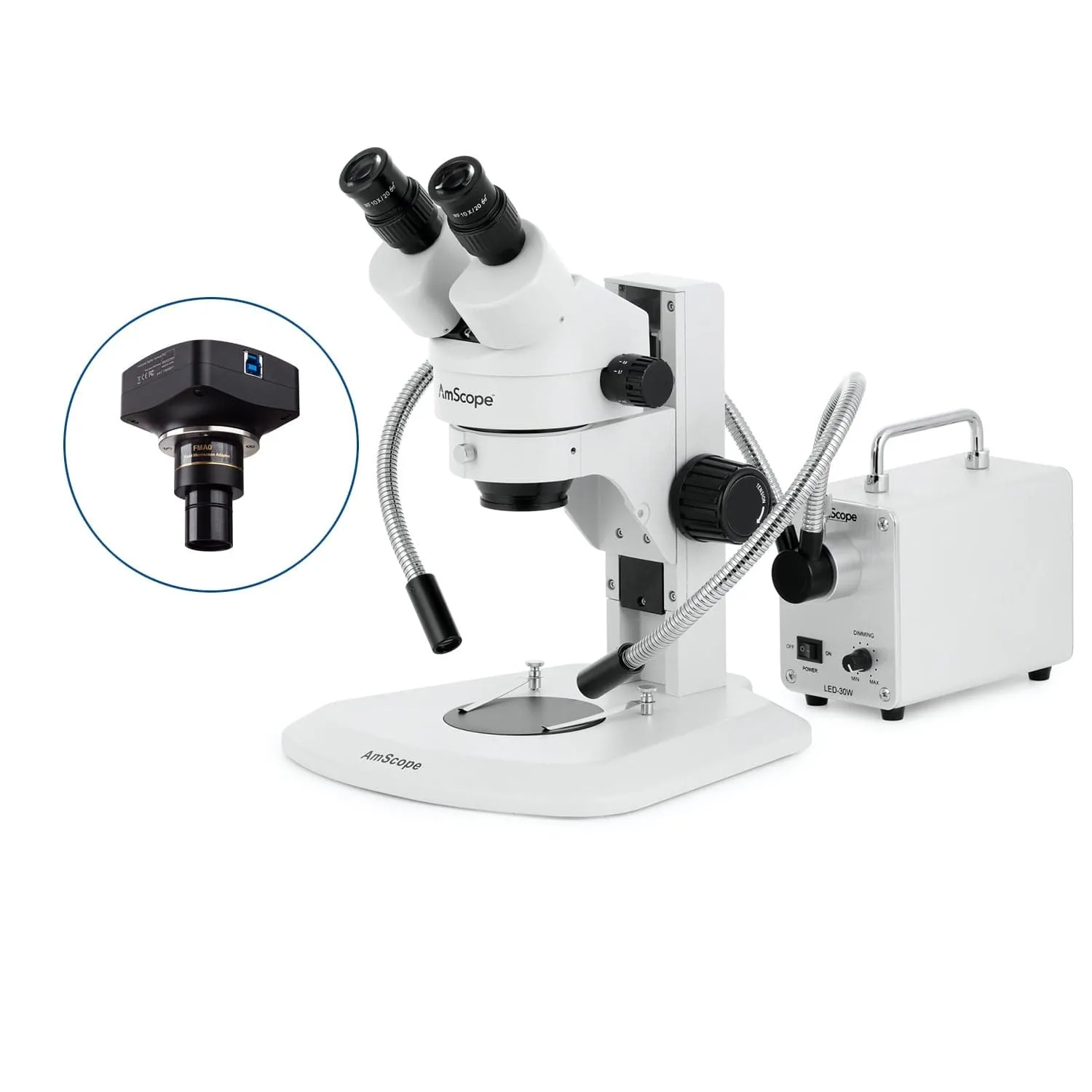 AmScope SM-1 Series Super Widefield Zoom Binocular Stereo Microscope with 30W LED Dual Gooseneck Fiber Optic Lights and Optional Digital Camera on Track Stand