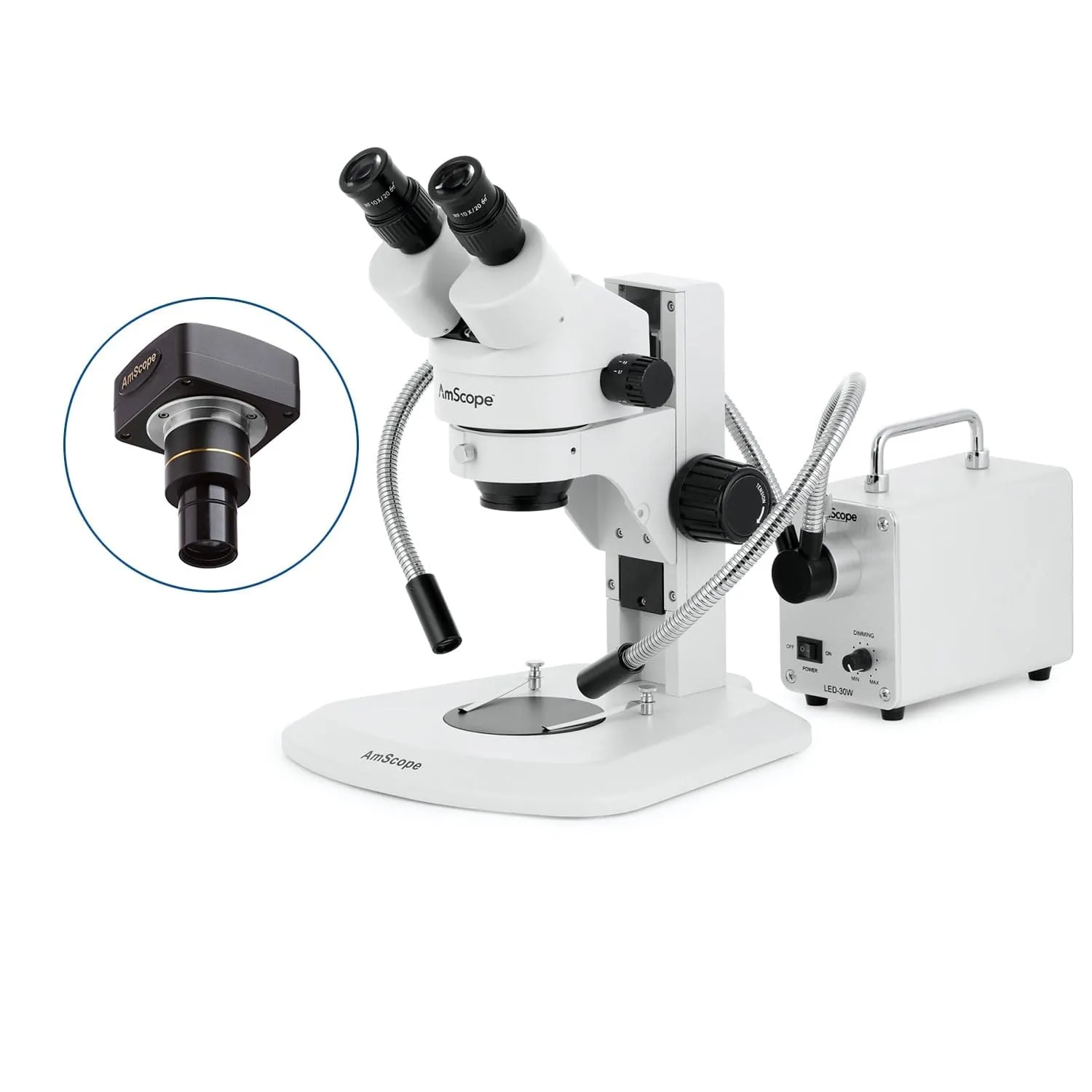 AmScope SM-1 Series Super Widefield Zoom Binocular Stereo Microscope with 30W LED Dual Gooseneck Fiber Optic Lights and Optional Digital Camera on Track Stand
