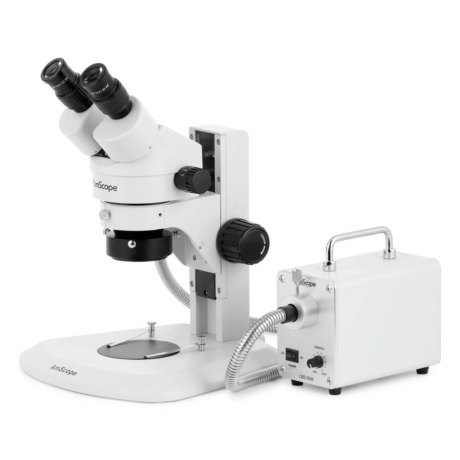 AmScope SM-1 Series Super Widefield Zoom Binocular Stereo Microscope with 30W LED Fiber Optic Ring Light and Optional Digital Camera on Track Stand