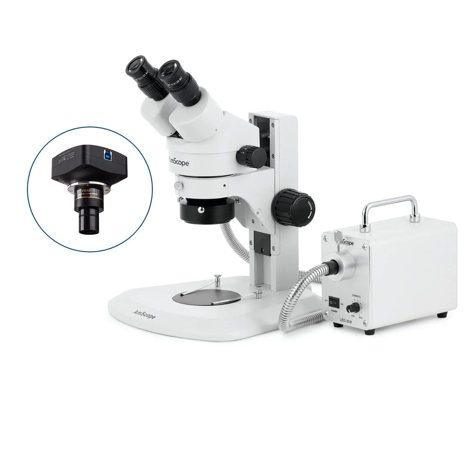 AmScope SM-1 Series Super Widefield Zoom Binocular Stereo Microscope with 30W LED Fiber Optic Ring Light and Optional Digital Camera on Track Stand