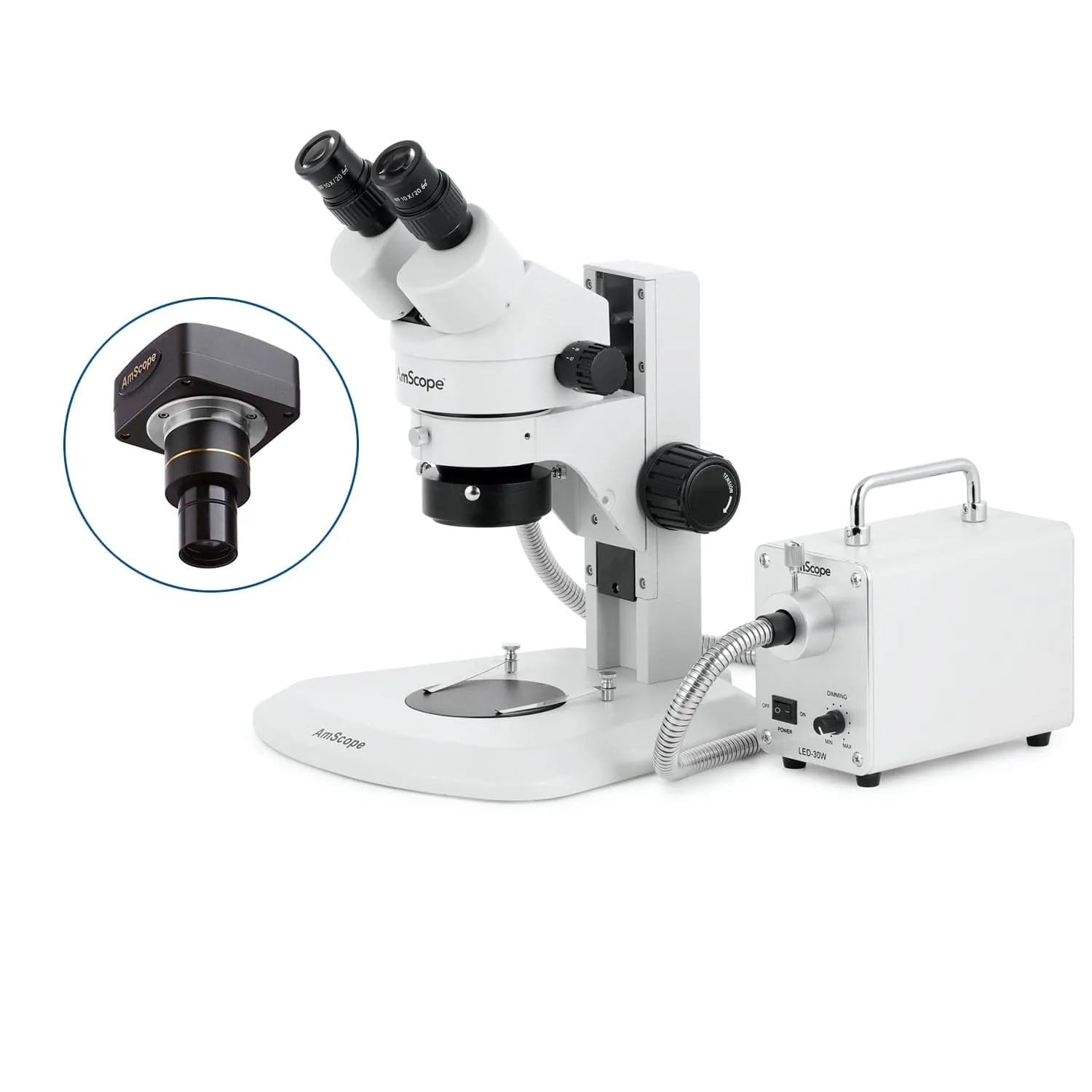 AmScope SM-1 Series Super Widefield Zoom Binocular Stereo Microscope with 30W LED Fiber Optic Ring Light and Optional Digital Camera on Track Stand