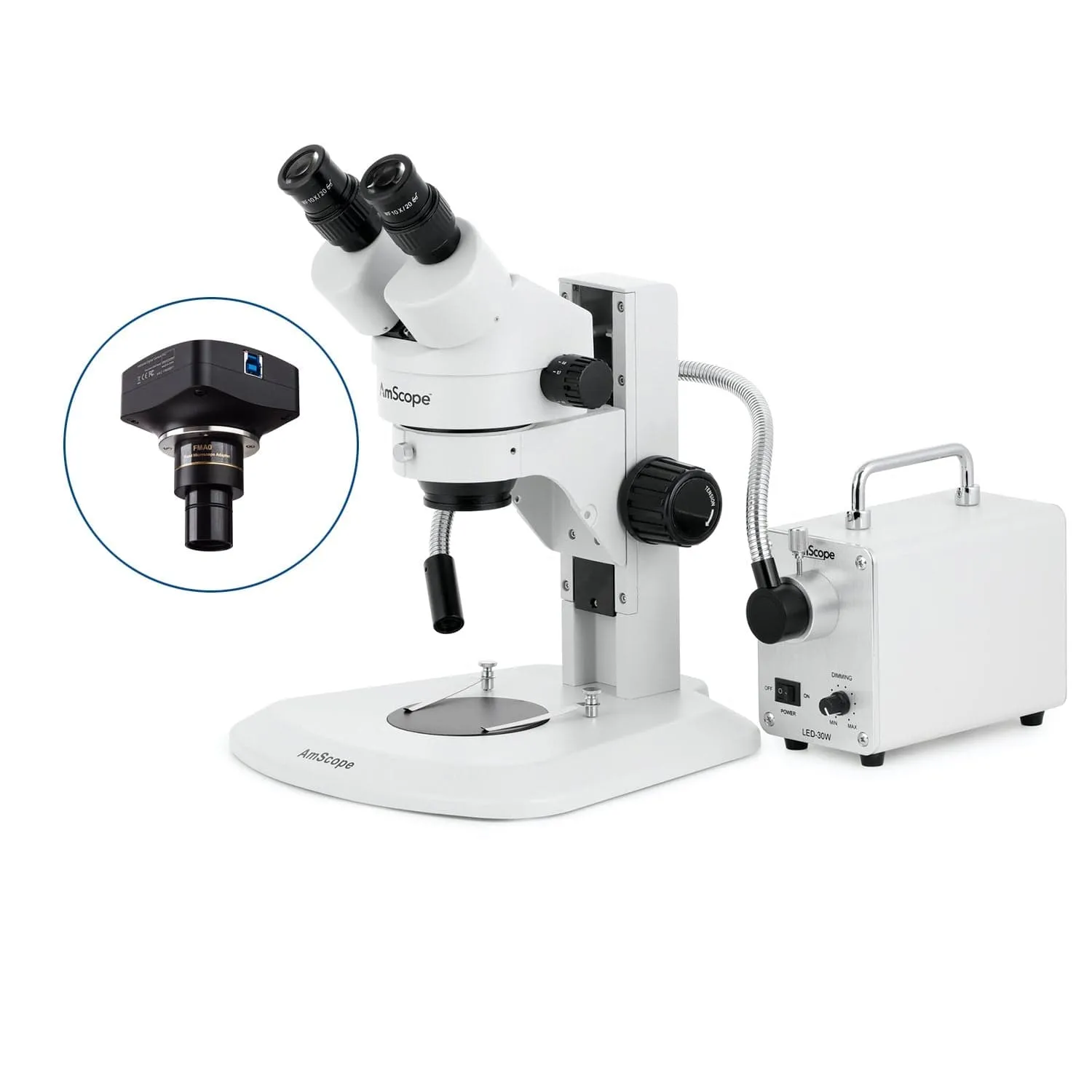 AmScope SM-1 Series Super Widefield Zoom Binocular Stereo Microscope with 30W LED Single Fiber Optic Gooseneck Light and Optional Digital Camera on Track Stand