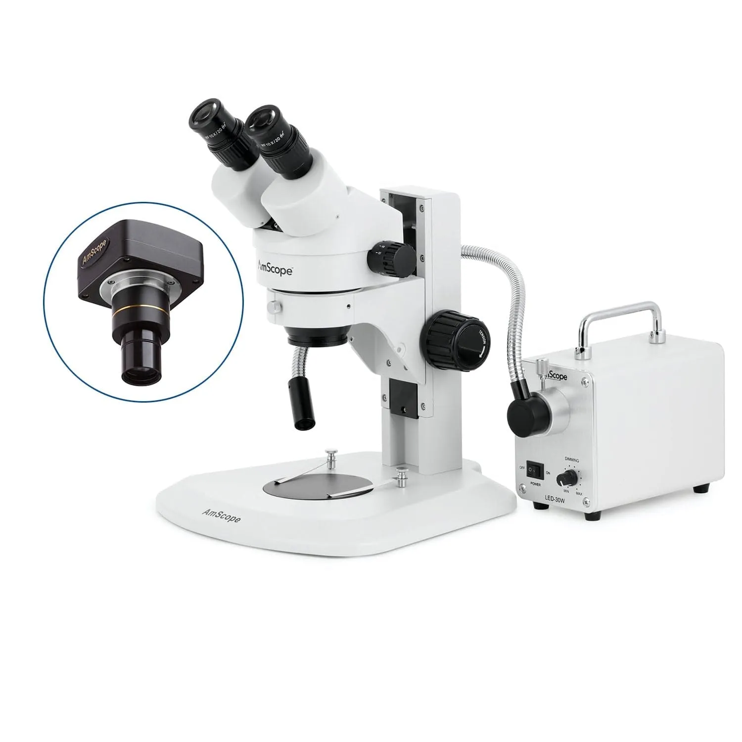 AmScope SM-1 Series Super Widefield Zoom Binocular Stereo Microscope with 30W LED Single Fiber Optic Gooseneck Light and Optional Digital Camera on Track Stand