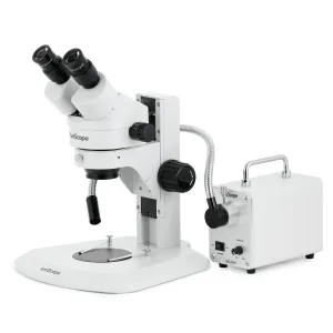 AmScope SM-1 Series Super Widefield Zoom Binocular Stereo Microscope with 30W LED Single Fiber Optic Gooseneck Light and Optional Digital Camera on Track Stand