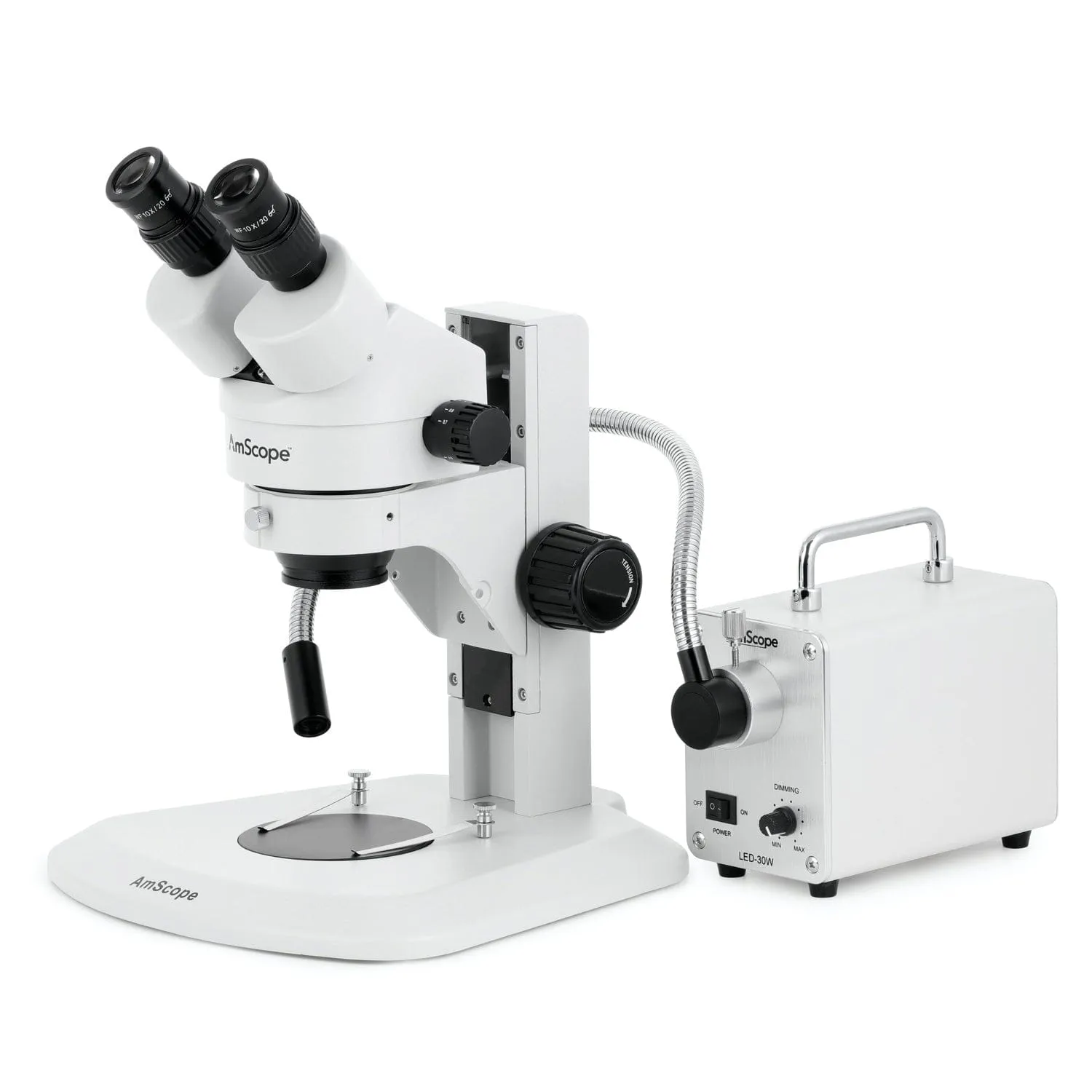 AmScope SM-1 Series Super Widefield Zoom Binocular Stereo Microscope with 30W LED Single Fiber Optic Gooseneck Light and Optional Digital Camera on Track Stand