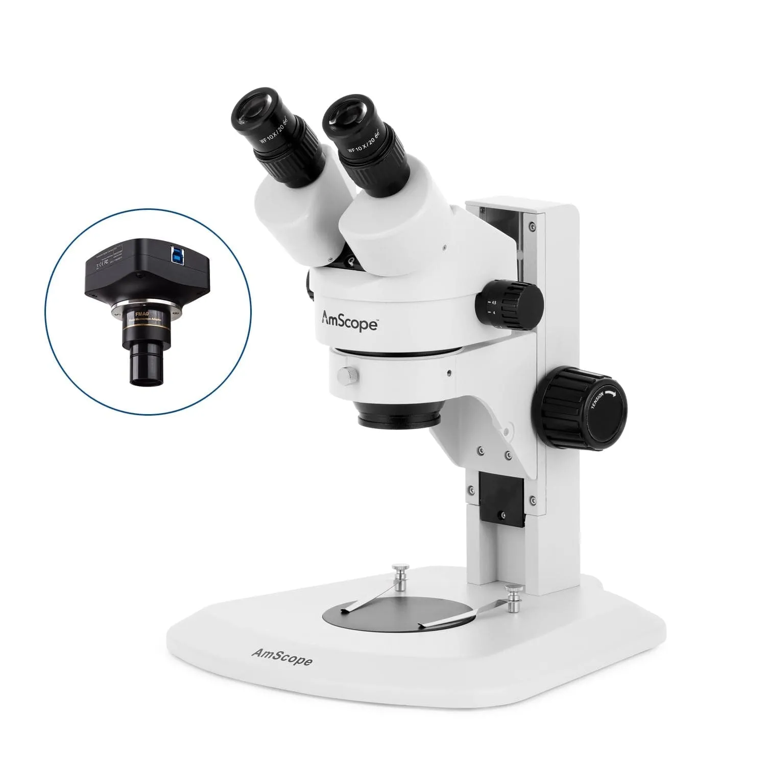 AmScope SM-1 Series Super Widefield Zoom Binocular Stereo Microscope with 64 LED Compact Ring Light and Optional Digital Camera on Track Stand