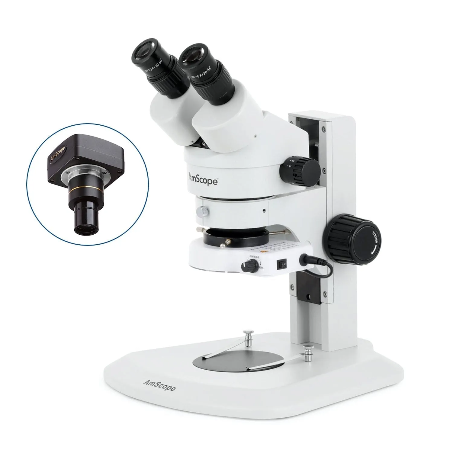 AmScope SM-1 Series Super Widefield Zoom Binocular Stereo Microscope with 80 LED Compact Ring Light and Optional Digital Camera on Track Stand