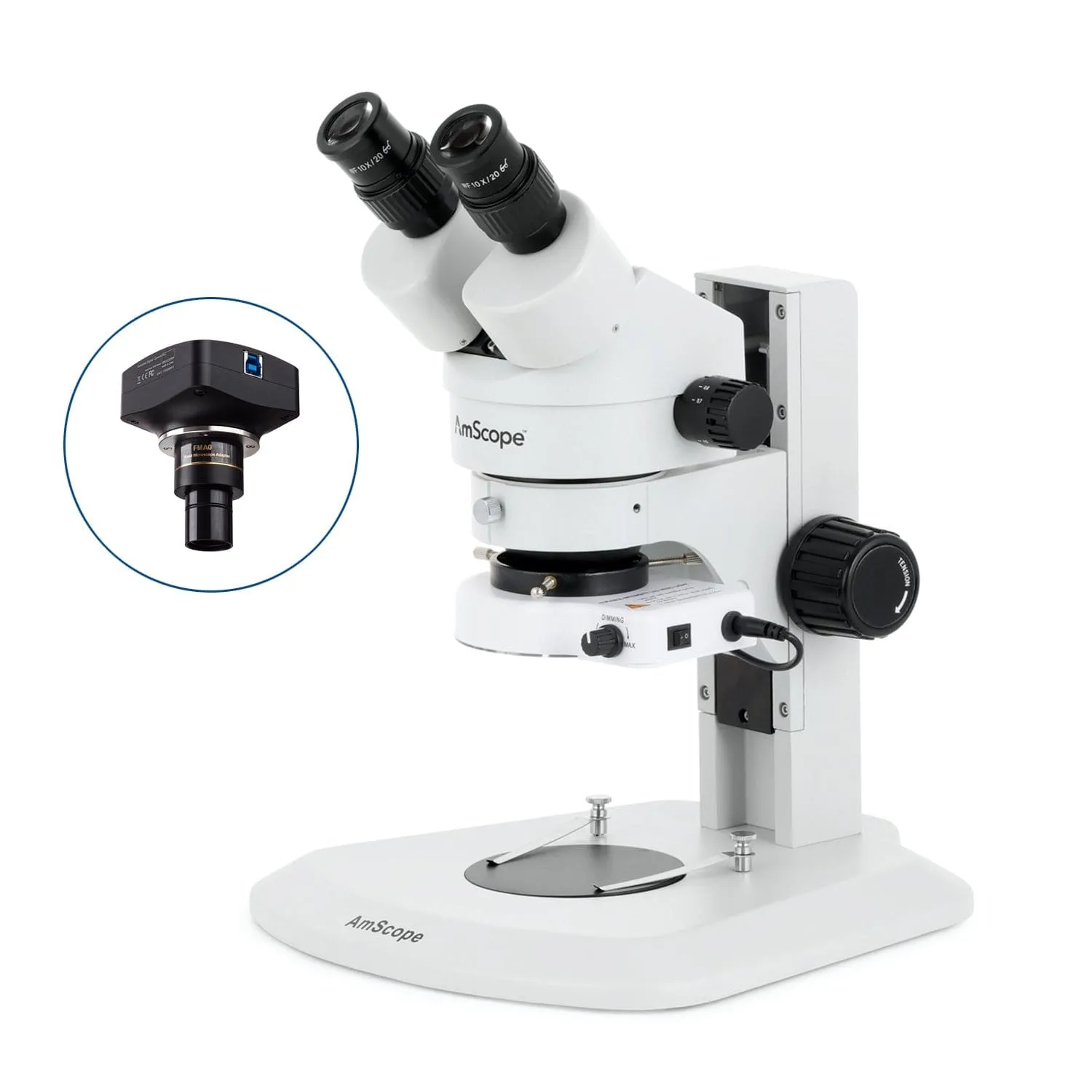 AmScope SM-1 Series Super Widefield Zoom Binocular Stereo Microscope with 80 LED Compact Ring Light and Optional Digital Camera on Track Stand