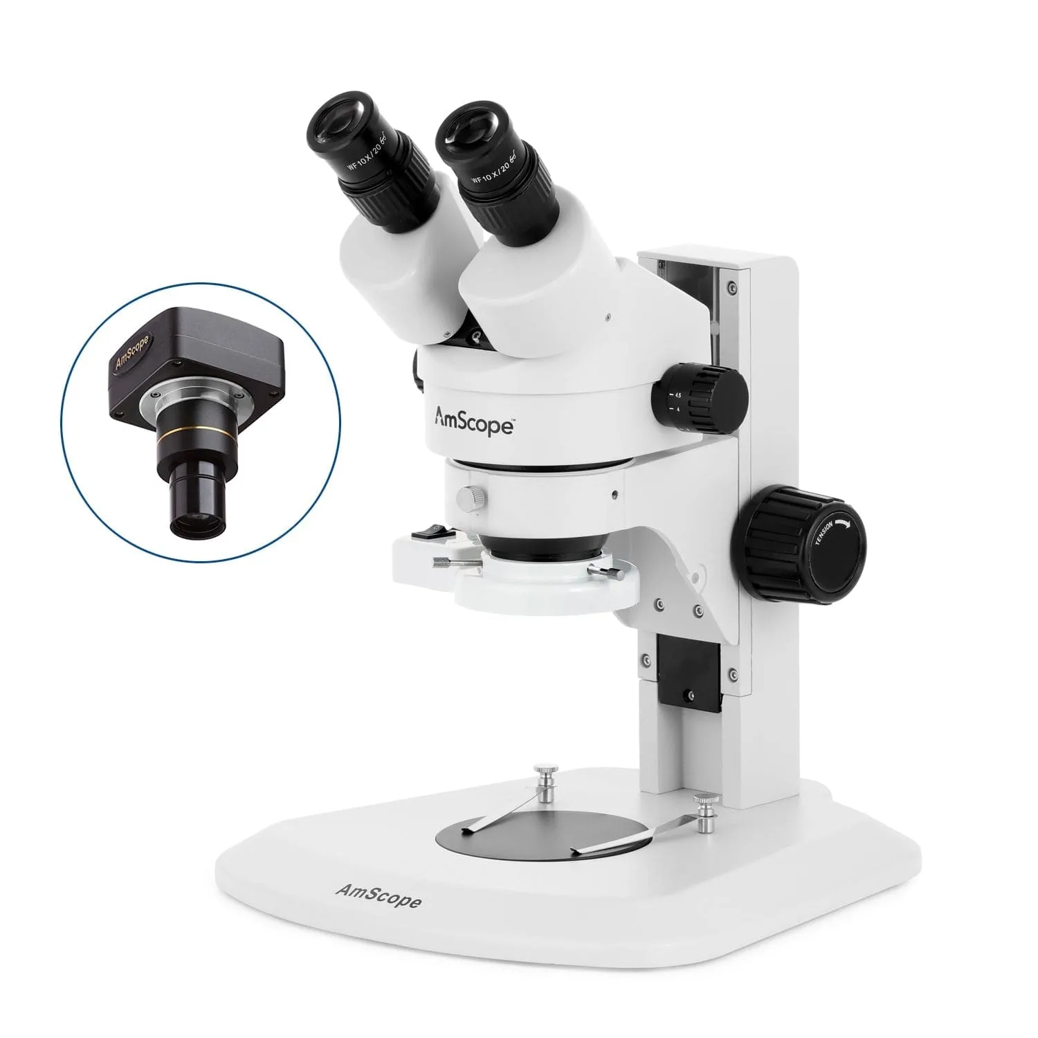 AmScope SM-1 Series Super Widefield Zoom Binocular Stereo Microscope with 8W Fluorescent Ring Light and Optional Digital Camera on Track Stand