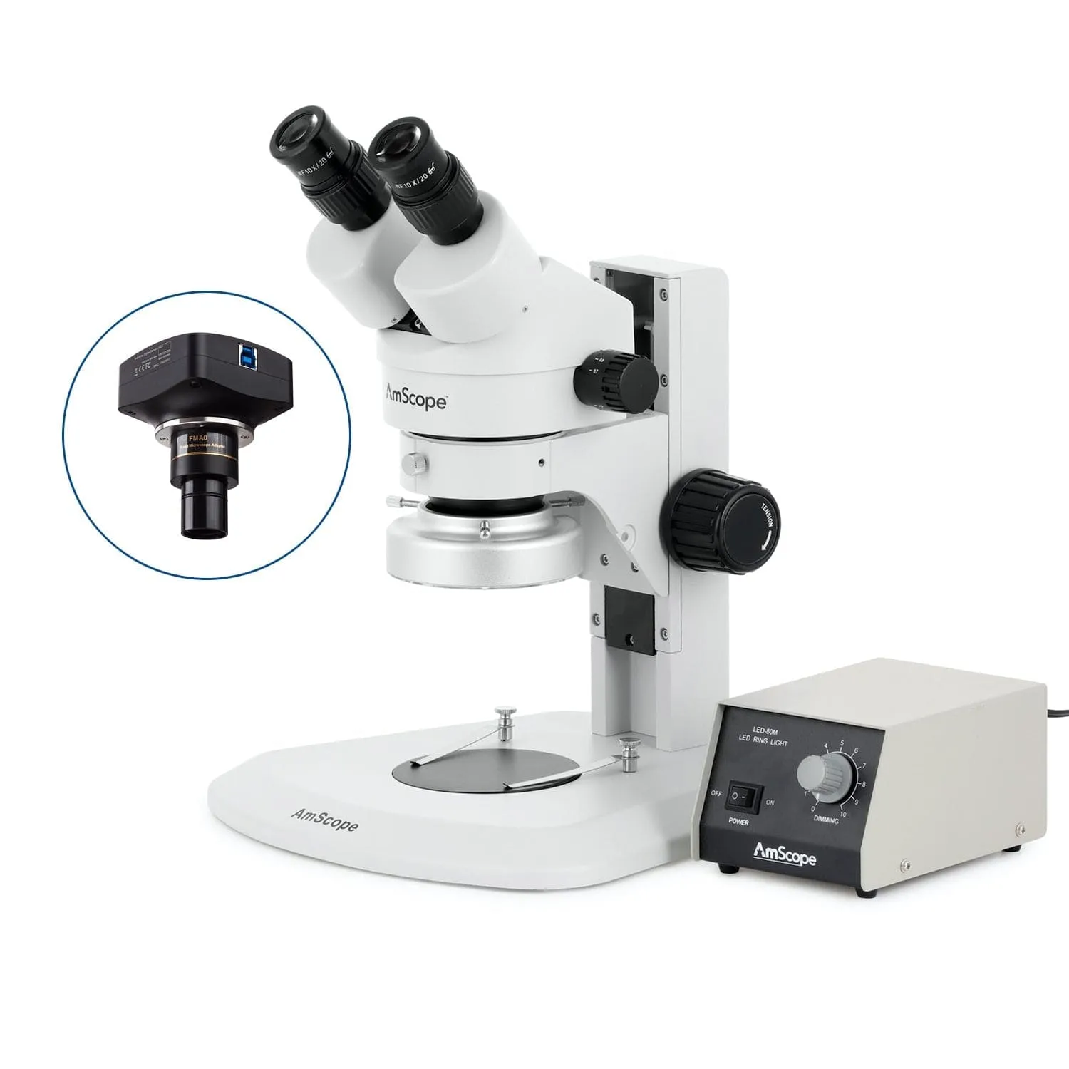 AmScope SM-1 Series Super Widefield Zoom Binocular Stereo Microscope with Heavy Duty 80 LED Ring Light and Optional Digital Camera on Track Stand