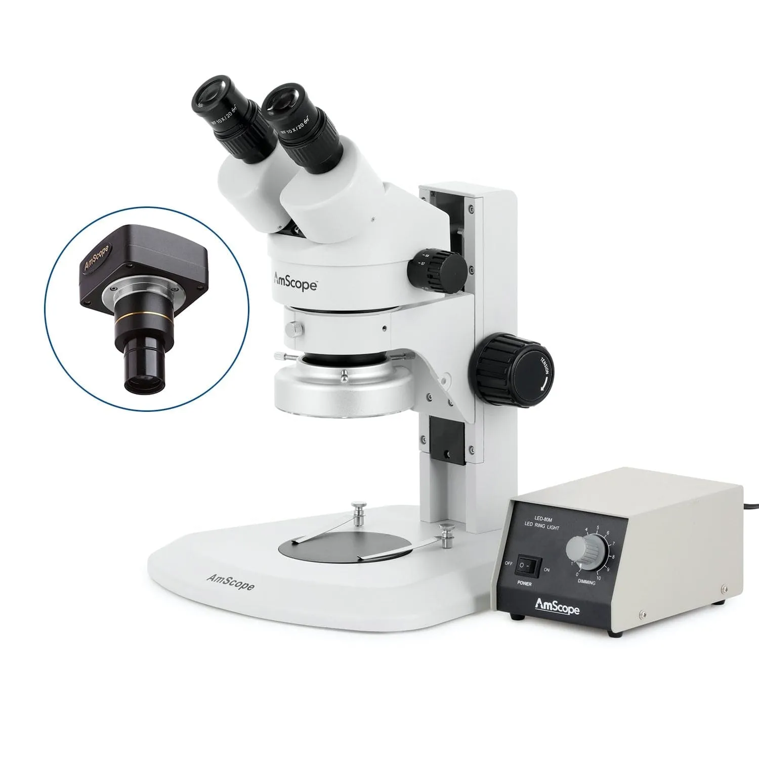 AmScope SM-1 Series Super Widefield Zoom Binocular Stereo Microscope with Heavy Duty 80 LED Ring Light and Optional Digital Camera on Track Stand