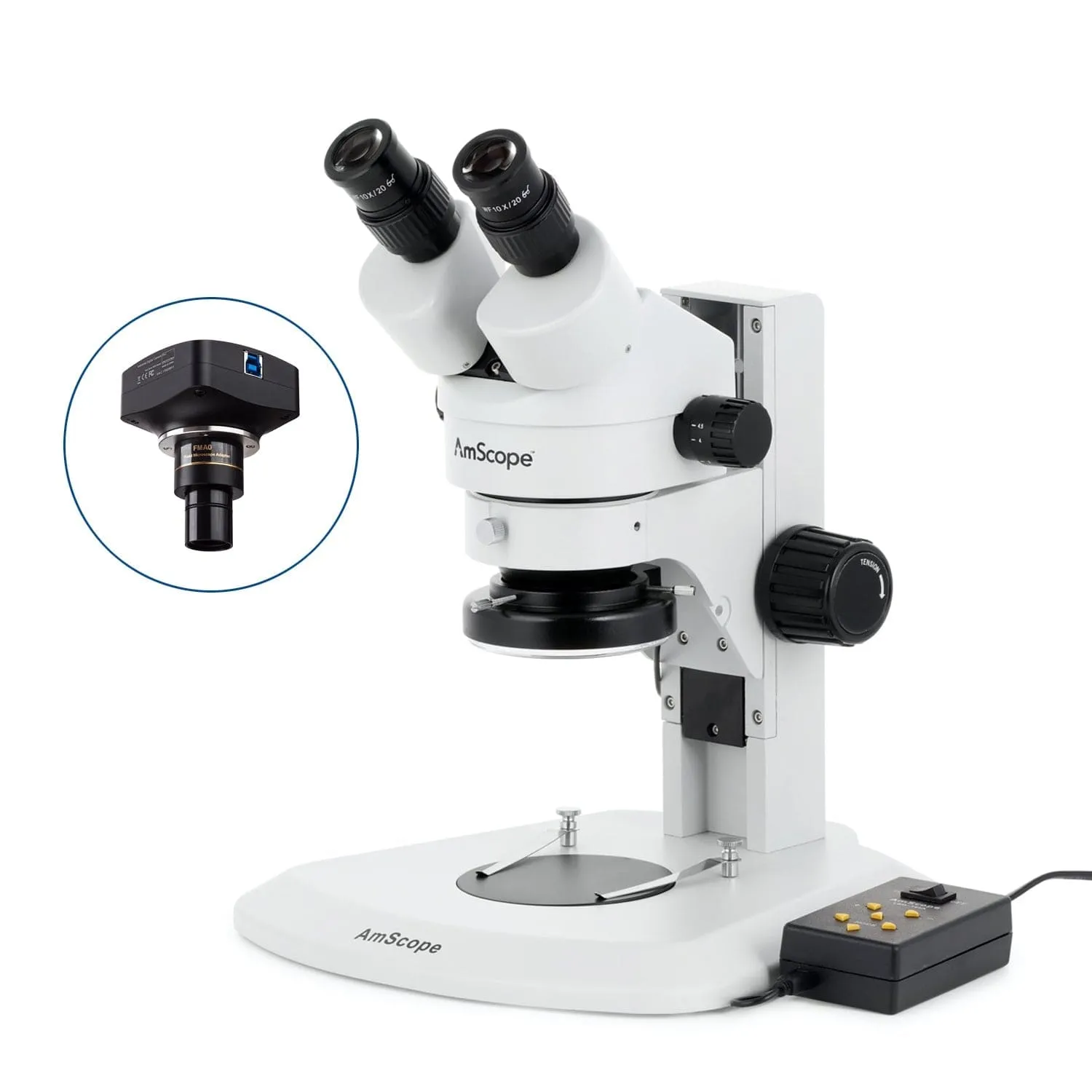 AmScope SM-1 Series Super Widefield Zoom Binocular Stereo Microscope with Multi-Zone 144 LED and Optional Digital Camera on Track Stand