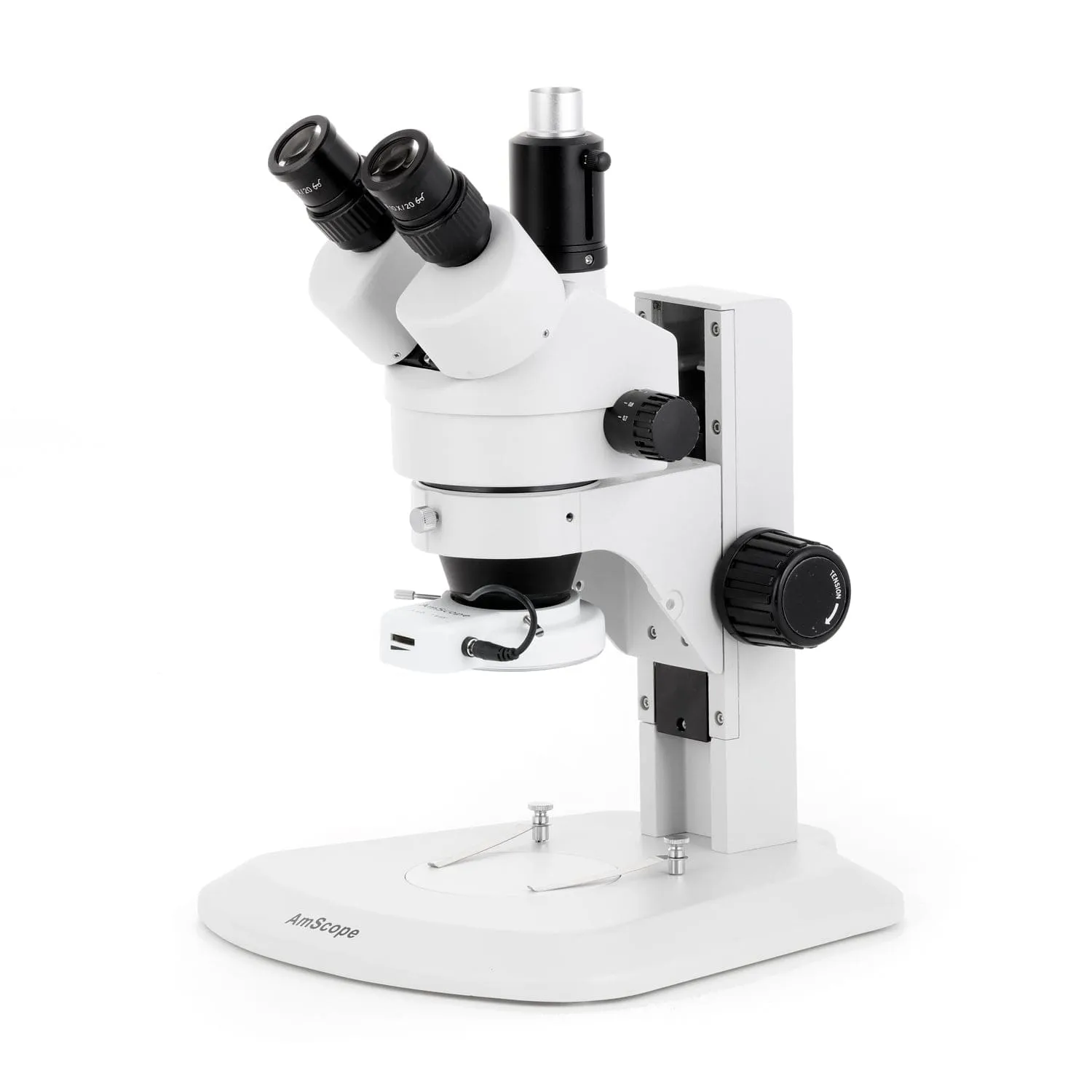 AmScope SM-1 Series Zoom Trinocular Stereo Microscope with 144 LED Compact Ring Light and Optional Digital Camera on Track Stand