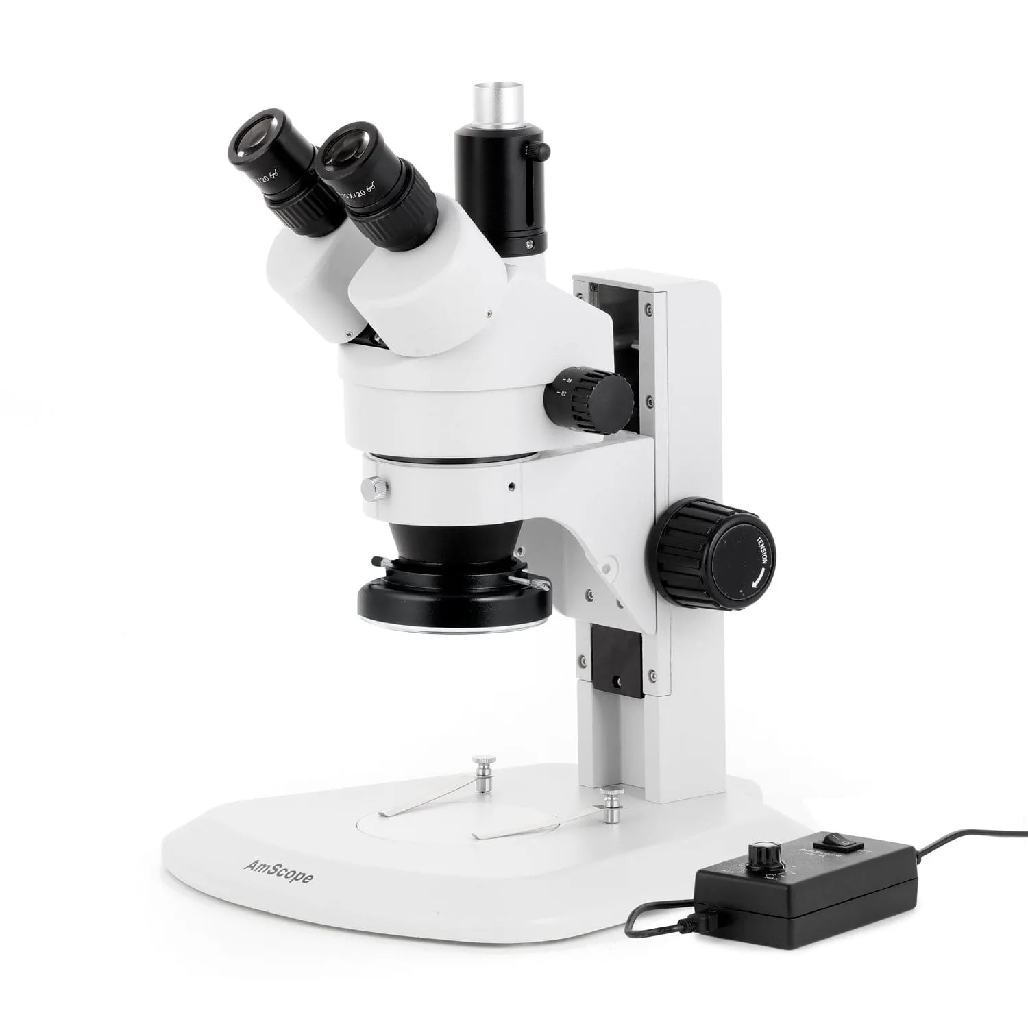 AmScope SM-1 Series Zoom Trinocular Stereo Microscope with 144 LED Ring Light and Optional Digital Camera on Track Stand