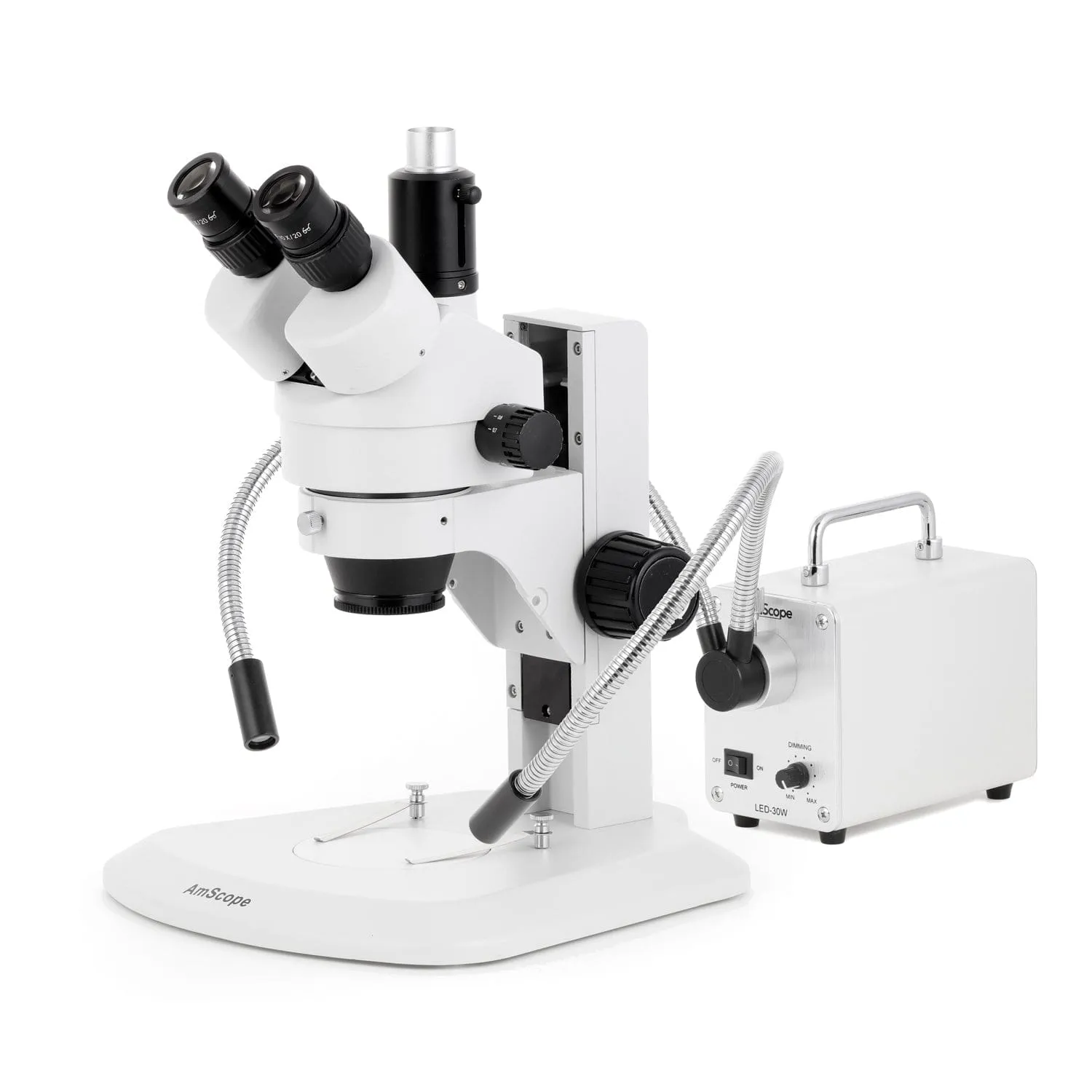 AmScope SM-1 Series Zoom Trinocular Stereo Microscope with 30W LED Dual Gooseneck Fiber Optic Lights and Optional Digital Camera on Track Stand