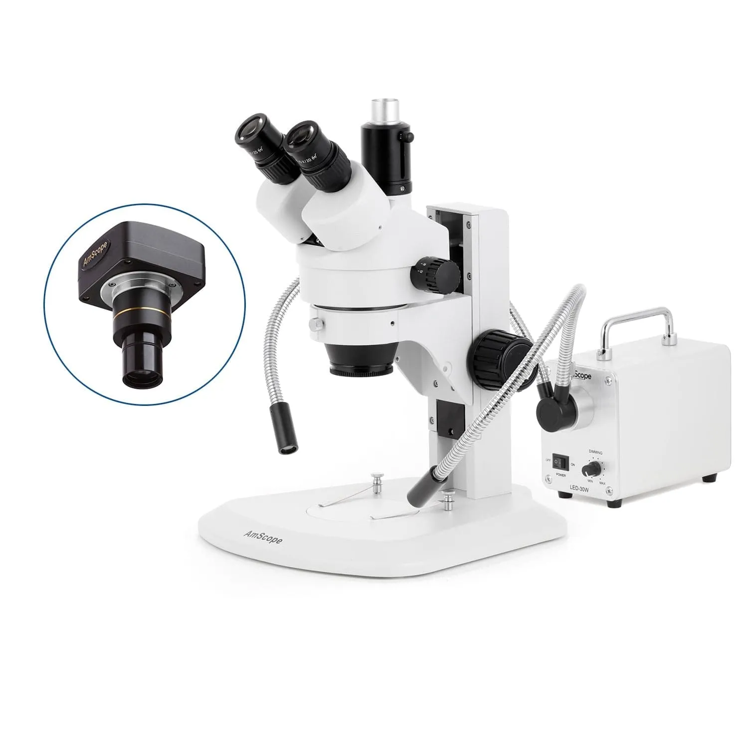 AmScope SM-1 Series Zoom Trinocular Stereo Microscope with 30W LED Dual Gooseneck Fiber Optic Lights and Optional Digital Camera on Track Stand