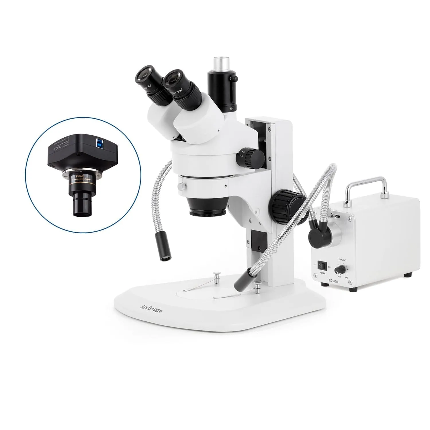 AmScope SM-1 Series Zoom Trinocular Stereo Microscope with 30W LED Dual Gooseneck Fiber Optic Lights and Optional Digital Camera on Track Stand