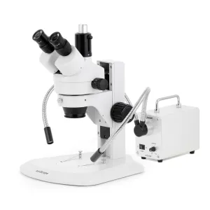 AmScope SM-1 Series Zoom Trinocular Stereo Microscope with 30W LED Dual Gooseneck Fiber Optic Lights and Optional Digital Camera on Track Stand