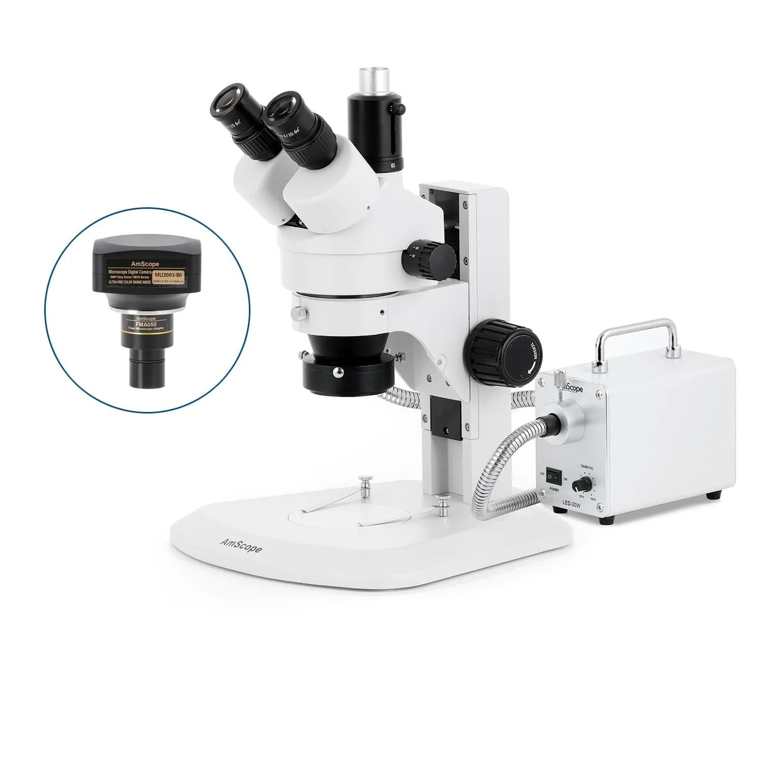 AmScope SM-1 Series Zoom Trinocular Stereo Microscope with 30W LED Fiber Optic Ring Light and Optional Digital Camera on Track Stand
