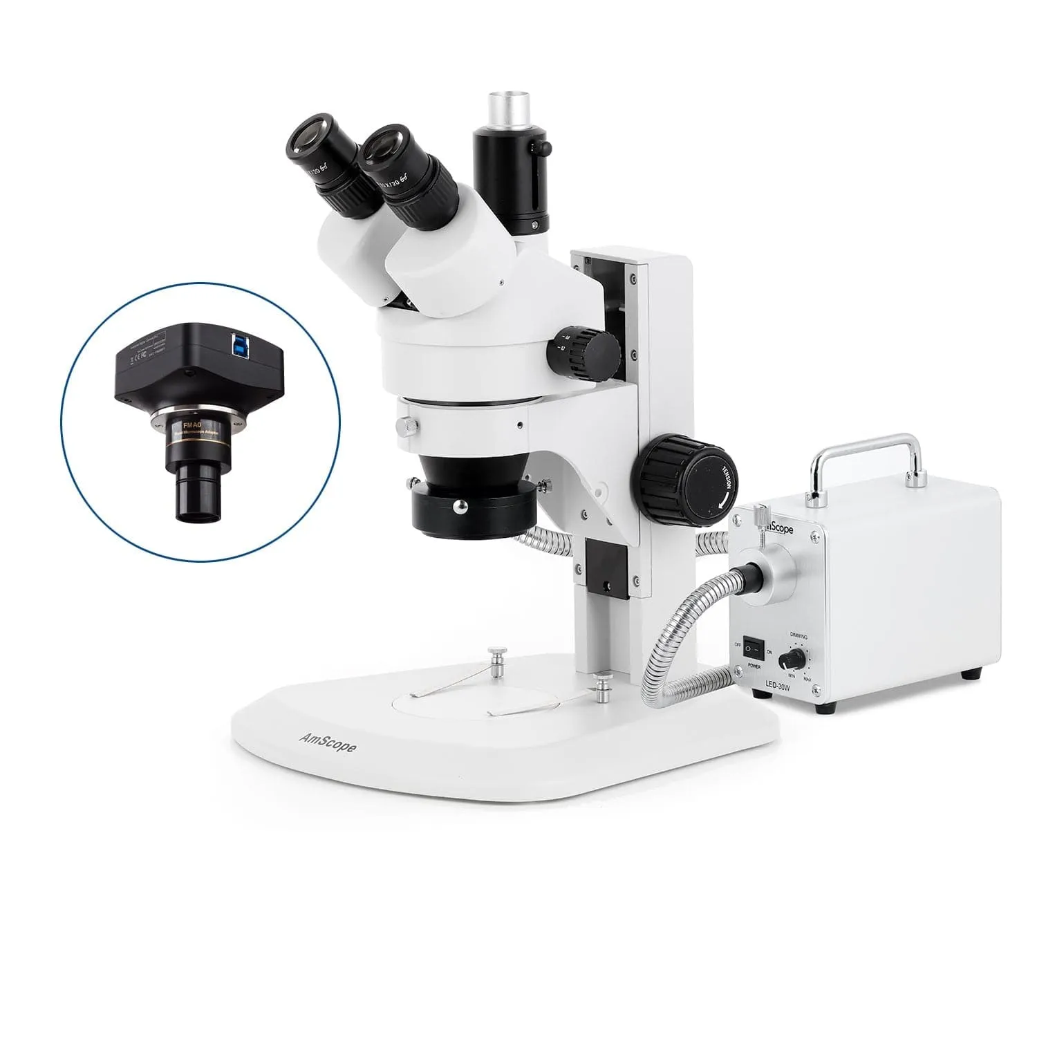 AmScope SM-1 Series Zoom Trinocular Stereo Microscope with 30W LED Fiber Optic Ring Light and Optional Digital Camera on Track Stand