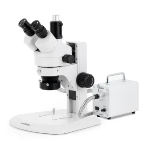 AmScope SM-1 Series Zoom Trinocular Stereo Microscope with 30W LED Fiber Optic Ring Light and Optional Digital Camera on Track Stand