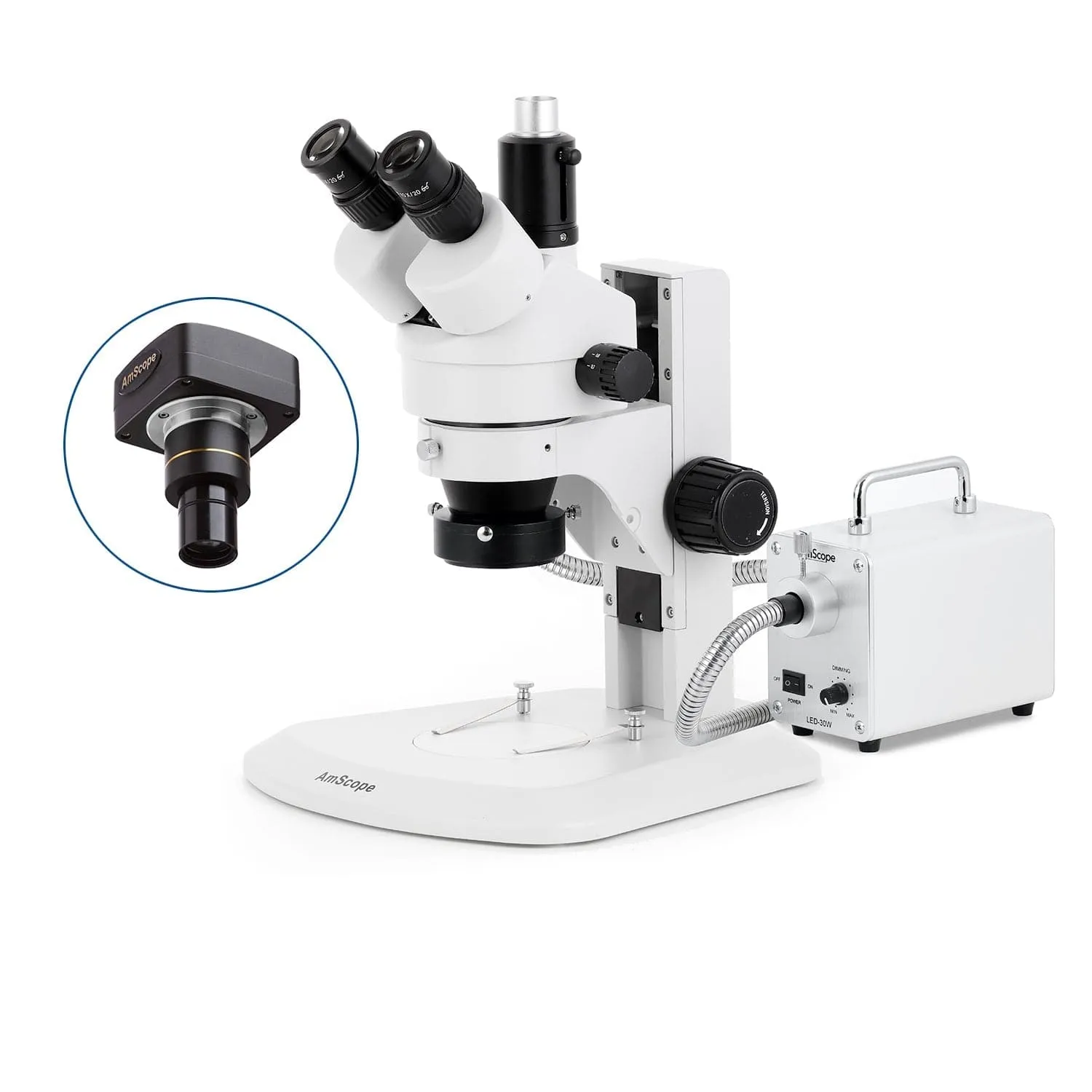 AmScope SM-1 Series Zoom Trinocular Stereo Microscope with 30W LED Fiber Optic Ring Light and Optional Digital Camera on Track Stand
