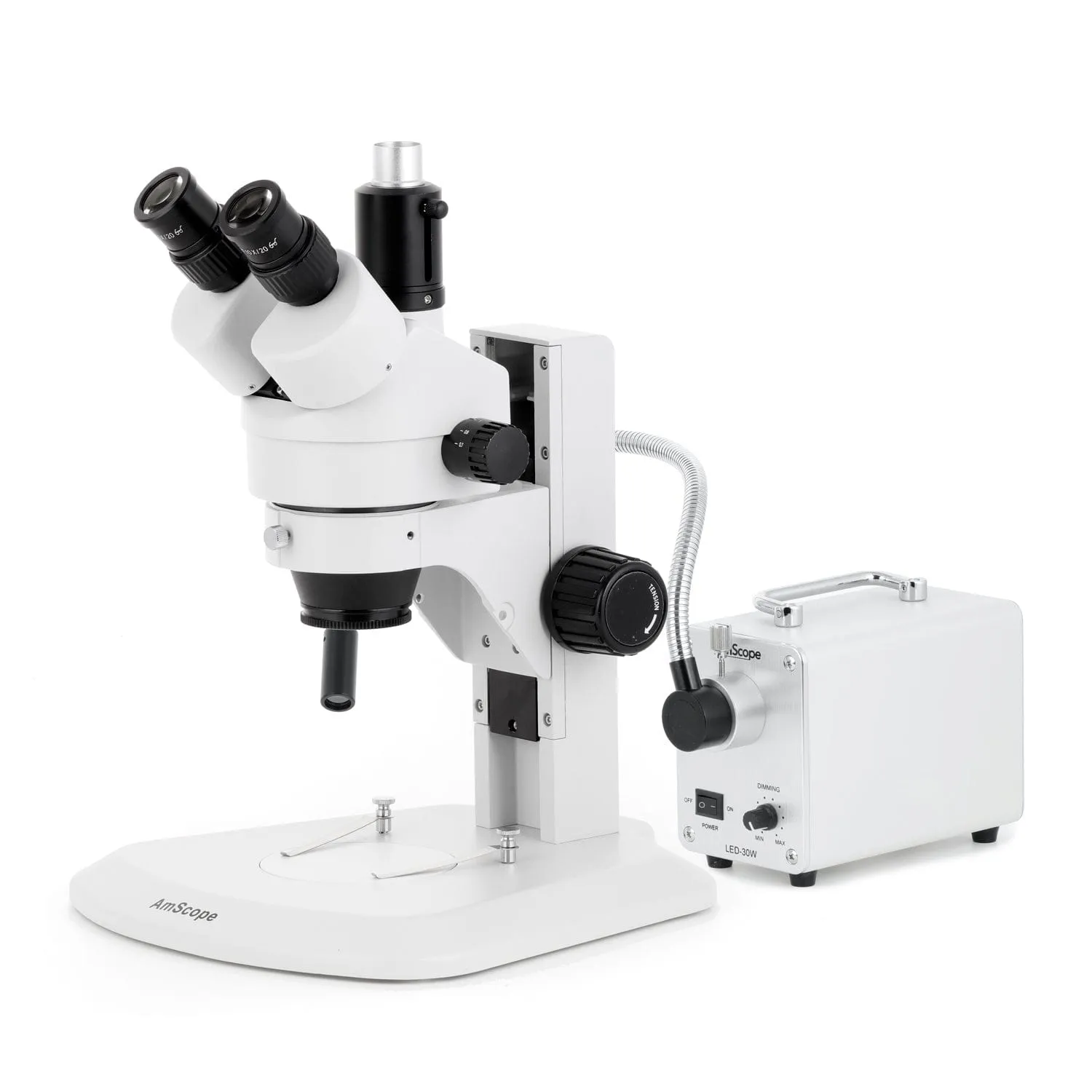 AmScope SM-1 Series Zoom Trinocular Stereo Microscope with 30W LED Single Fiber Optic Gooseneck Light and Optional Digital Camera on Track Stand