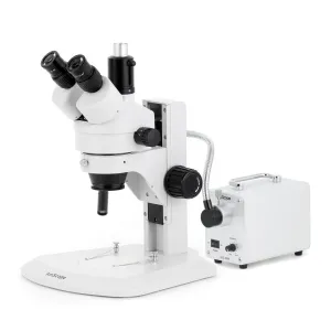 AmScope SM-1 Series Zoom Trinocular Stereo Microscope with 30W LED Single Fiber Optic Gooseneck Light and Optional Digital Camera on Track Stand