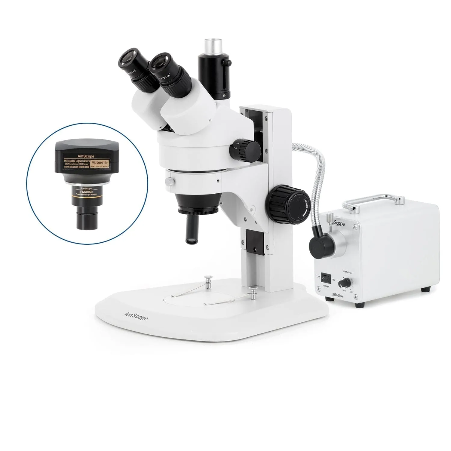 AmScope SM-1 Series Zoom Trinocular Stereo Microscope with 30W LED Single Fiber Optic Gooseneck Light and Optional Digital Camera on Track Stand