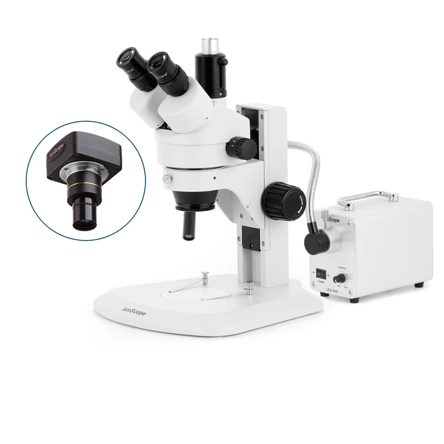AmScope SM-1 Series Zoom Trinocular Stereo Microscope with 30W LED Single Fiber Optic Gooseneck Light and Optional Digital Camera on Track Stand