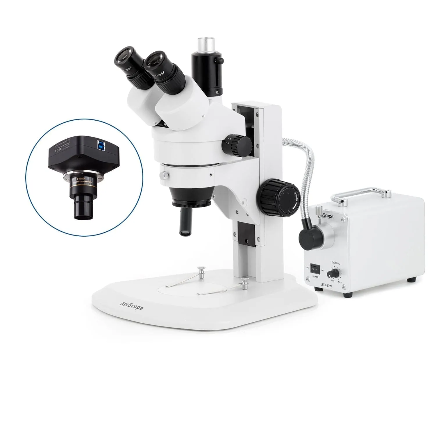 AmScope SM-1 Series Zoom Trinocular Stereo Microscope with 30W LED Single Fiber Optic Gooseneck Light and Optional Digital Camera on Track Stand