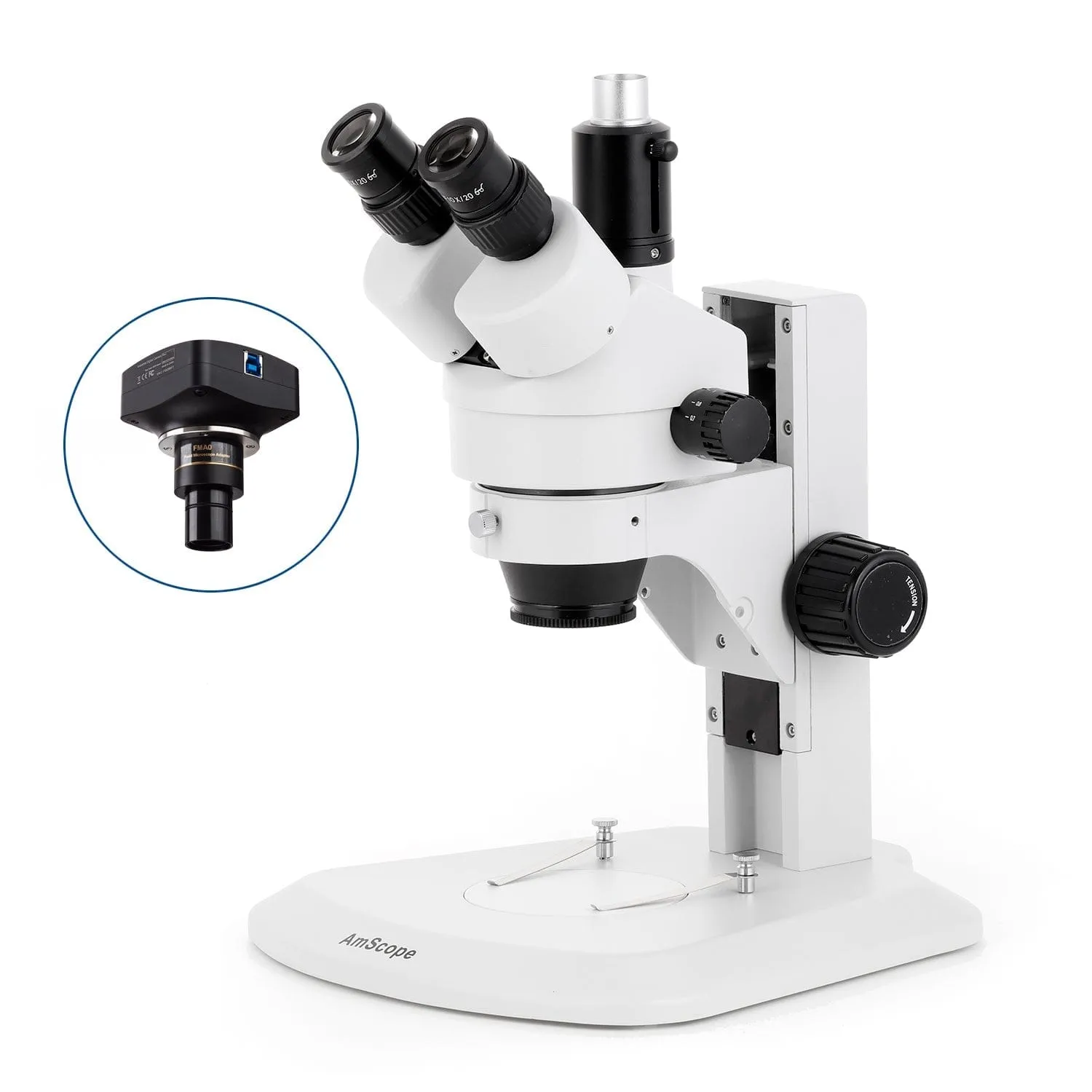 AmScope SM-1 Series Zoom Trinocular Stereo Microscope with 64 LED Compact Ring Light and Optional Digital Camera on Track Stand