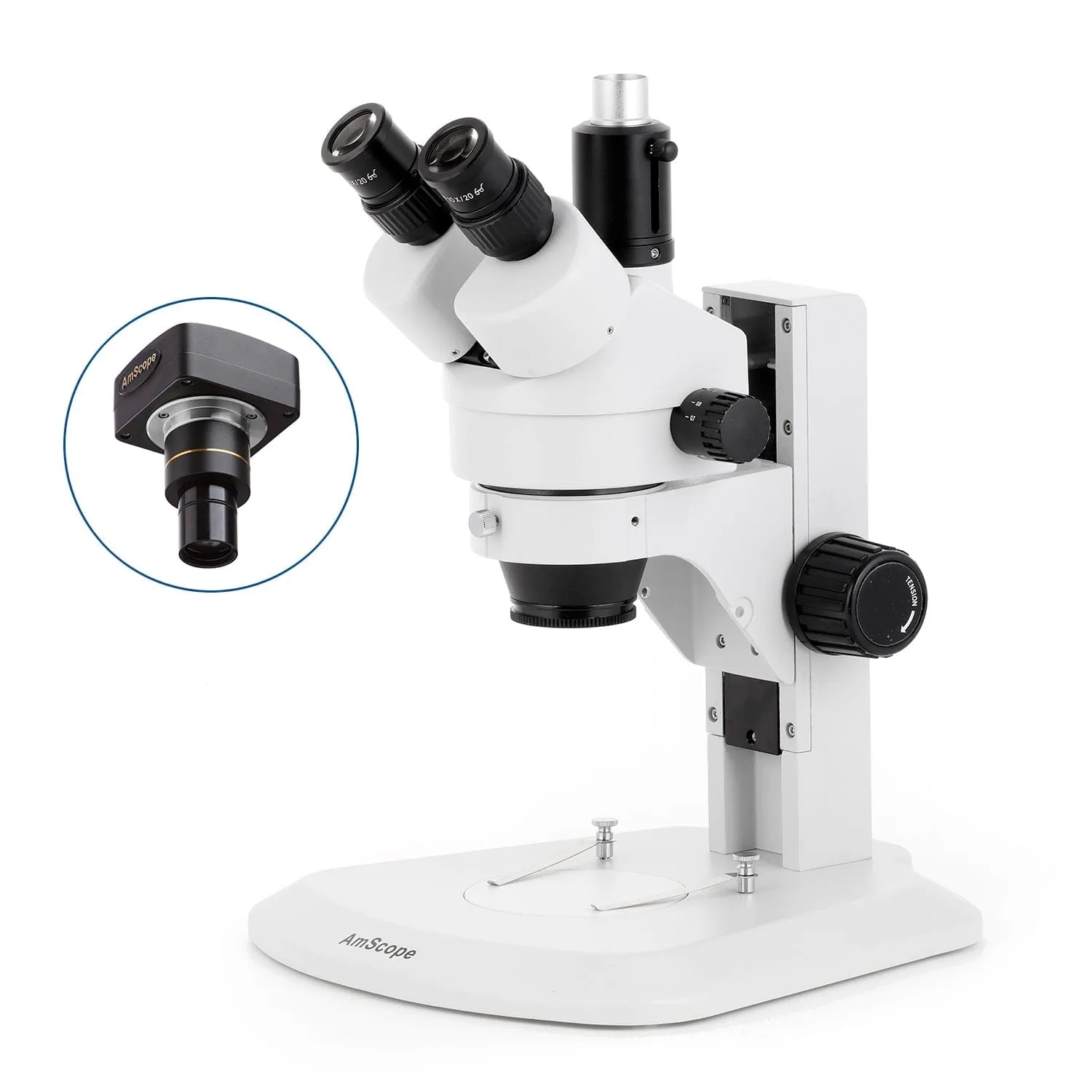 AmScope SM-1 Series Zoom Trinocular Stereo Microscope with 64 LED Compact Ring Light and Optional Digital Camera on Track Stand