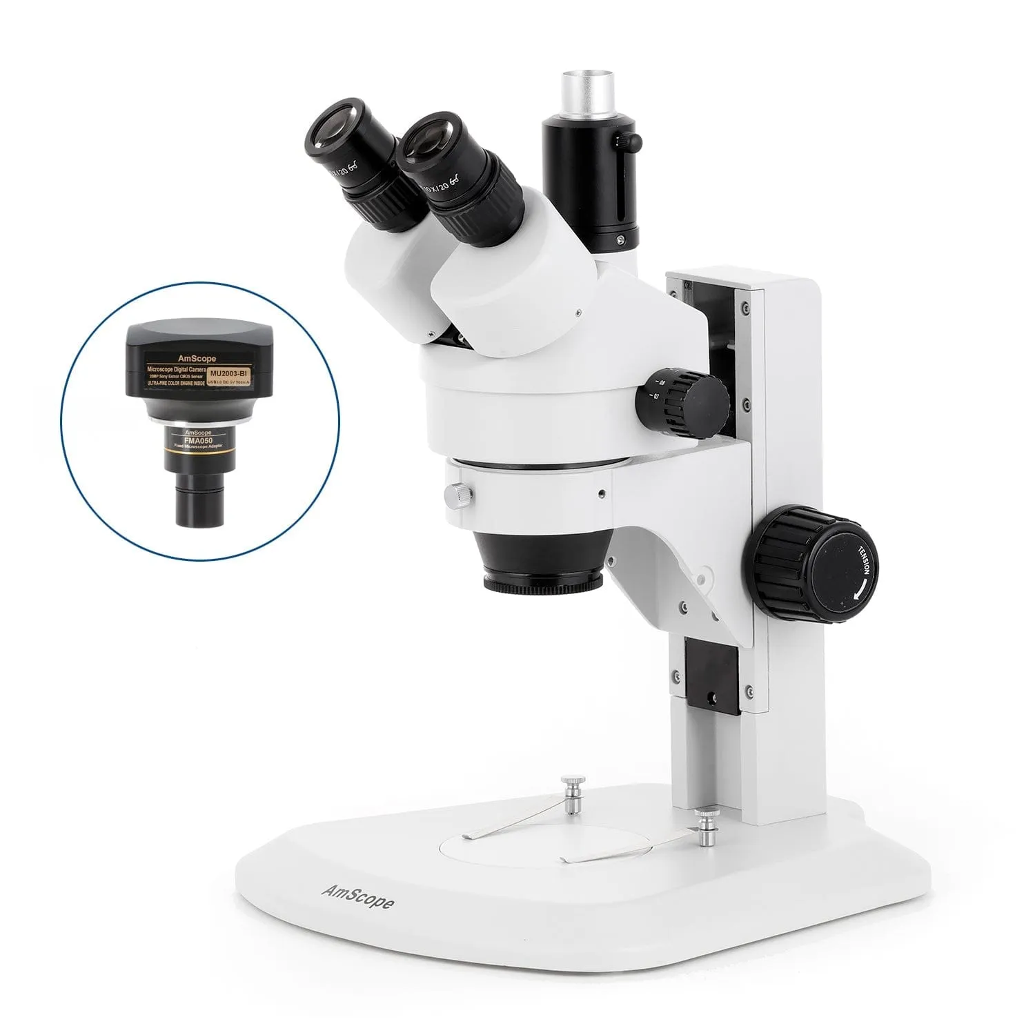 AmScope SM-1 Series Zoom Trinocular Stereo Microscope with 64 LED Compact Ring Light and Optional Digital Camera on Track Stand