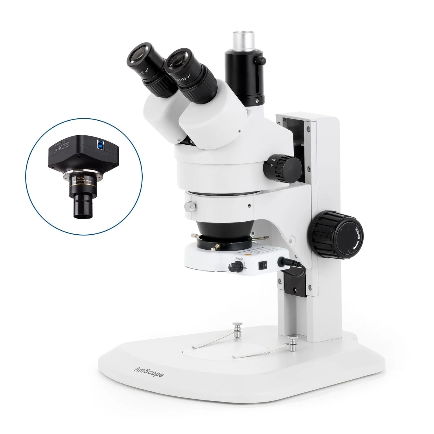 AmScope SM-1 Series Zoom Trinocular Stereo Microscope with 80 LED Compact Ring Light and Optional Digital Camera on Track Stand