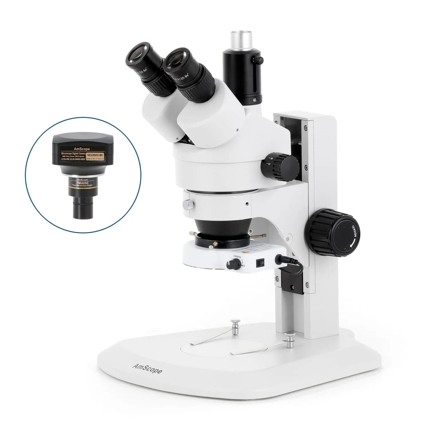 AmScope SM-1 Series Zoom Trinocular Stereo Microscope with 80 LED Compact Ring Light and Optional Digital Camera on Track Stand