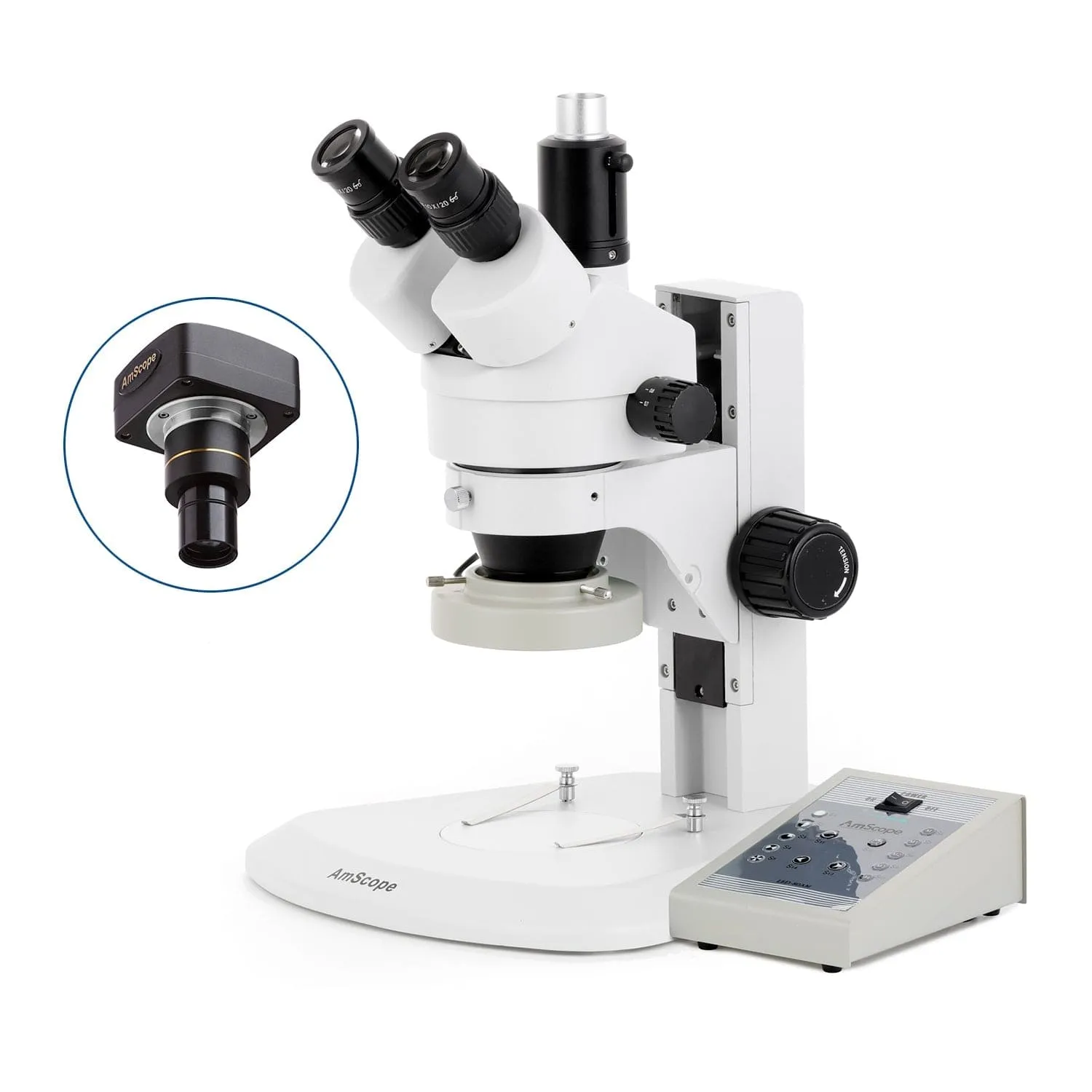 AmScope SM-1 Series Zoom Trinocular Stereo Microscope with 80 LED Direction Variable Ring Light and Optional Digital Camera on Track Stand