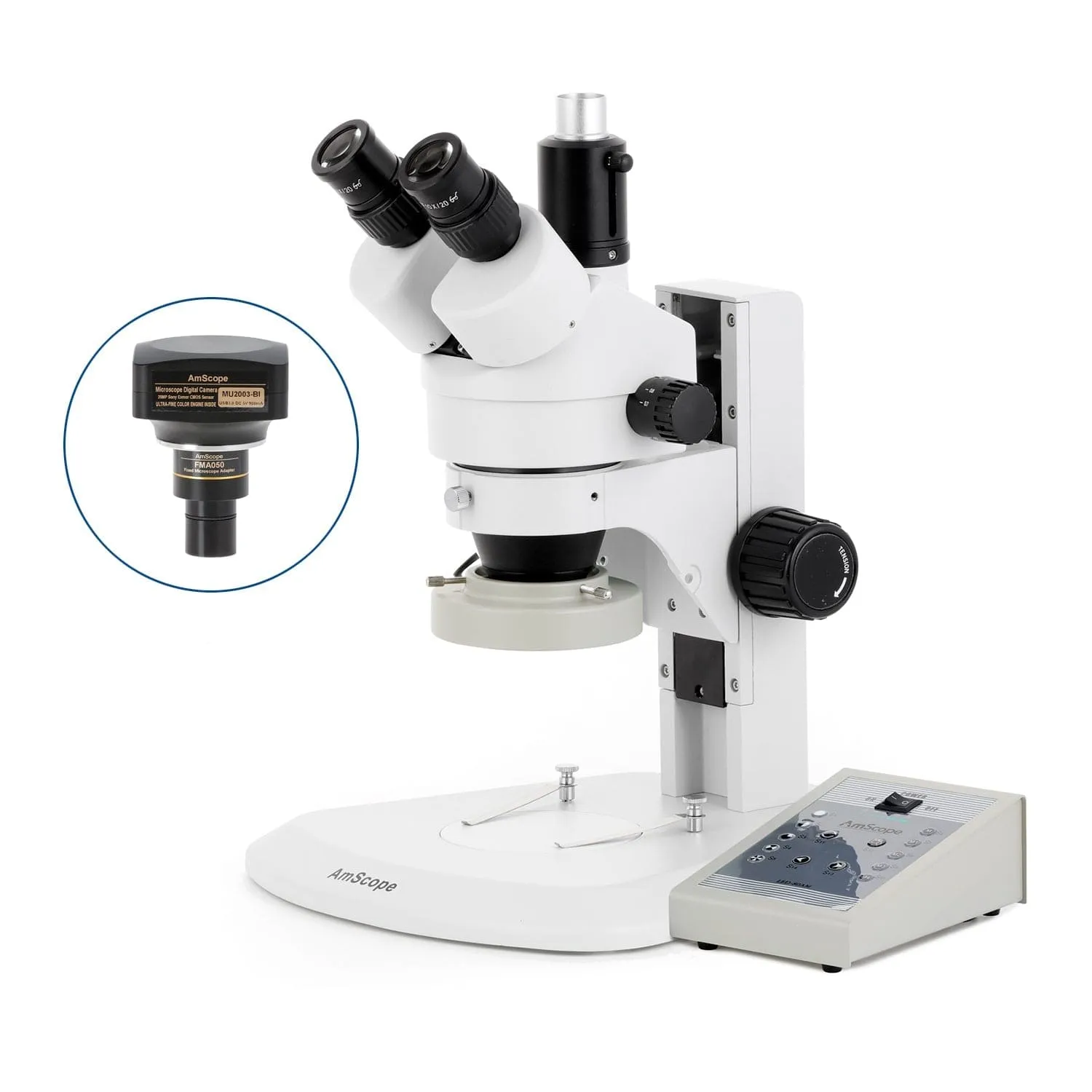 AmScope SM-1 Series Zoom Trinocular Stereo Microscope with 80 LED Direction Variable Ring Light and Optional Digital Camera on Track Stand