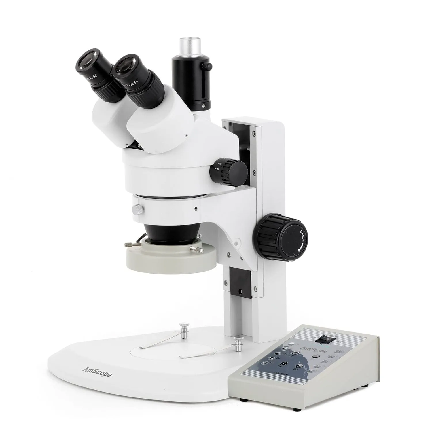 AmScope SM-1 Series Zoom Trinocular Stereo Microscope with 80 LED Direction Variable Ring Light and Optional Digital Camera on Track Stand