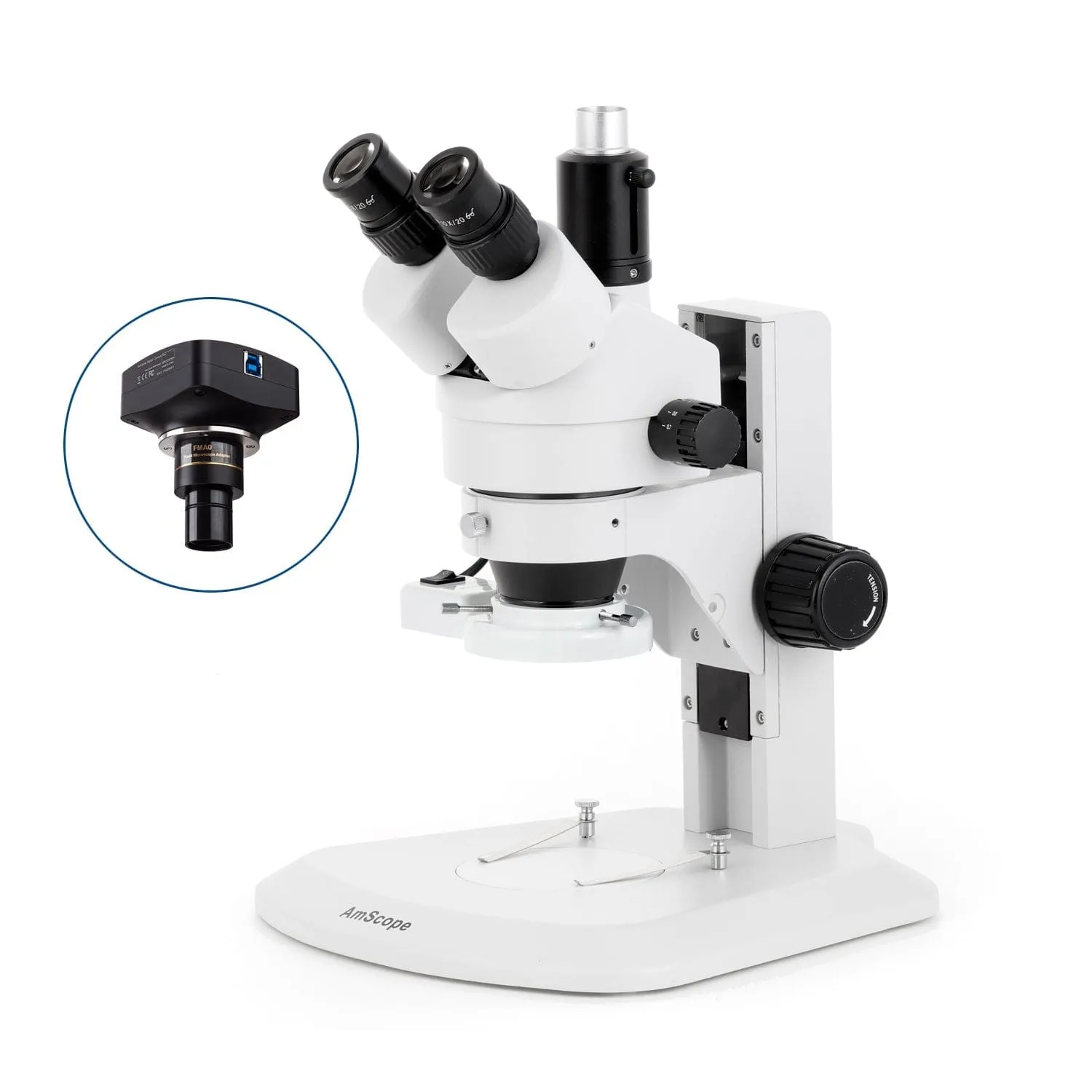 AmScope SM-1 Series Zoom Trinocular Stereo Microscope with 8W Fluorescent Ring Light and Optional Digital Camera on Track Stand