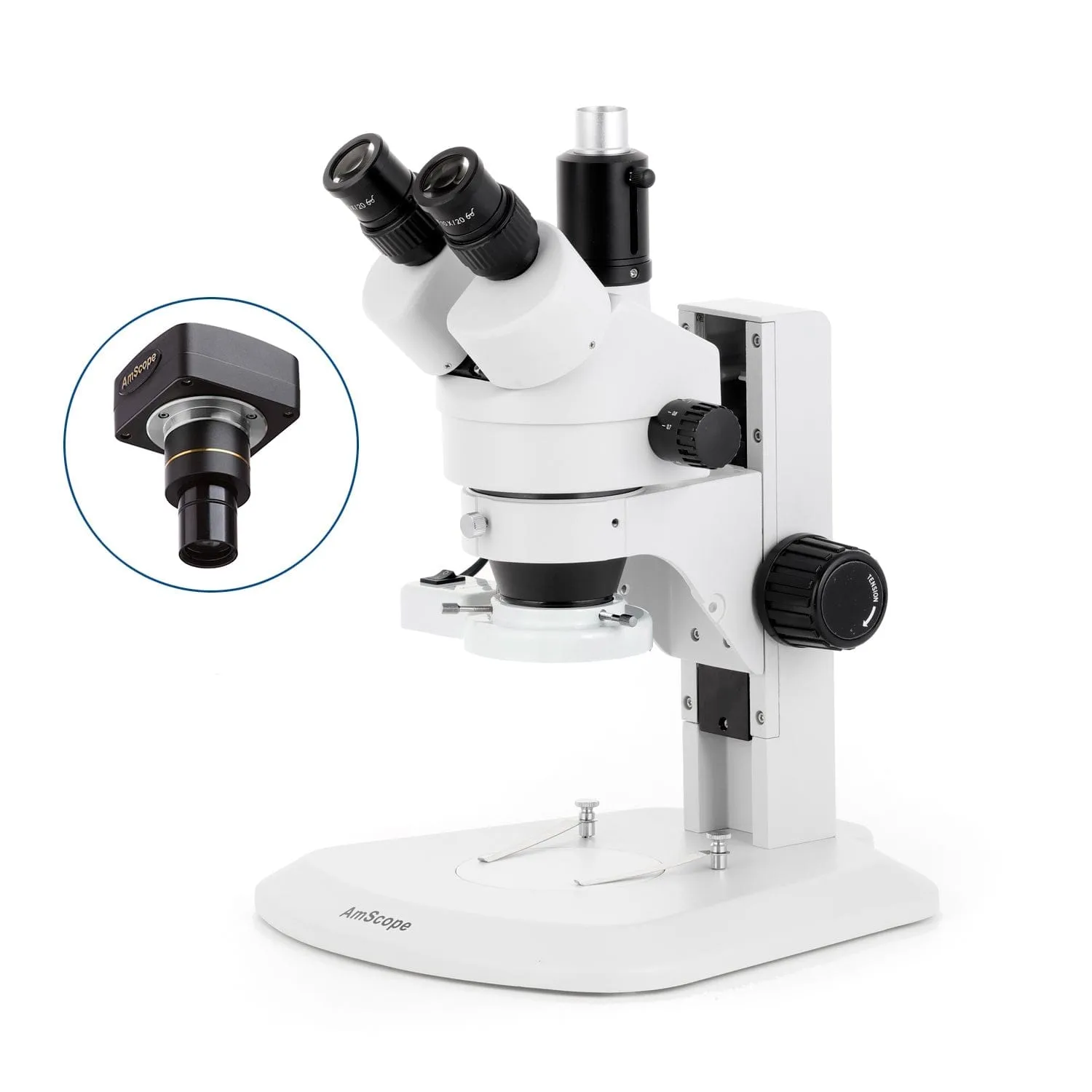 AmScope SM-1 Series Zoom Trinocular Stereo Microscope with 8W Fluorescent Ring Light and Optional Digital Camera on Track Stand