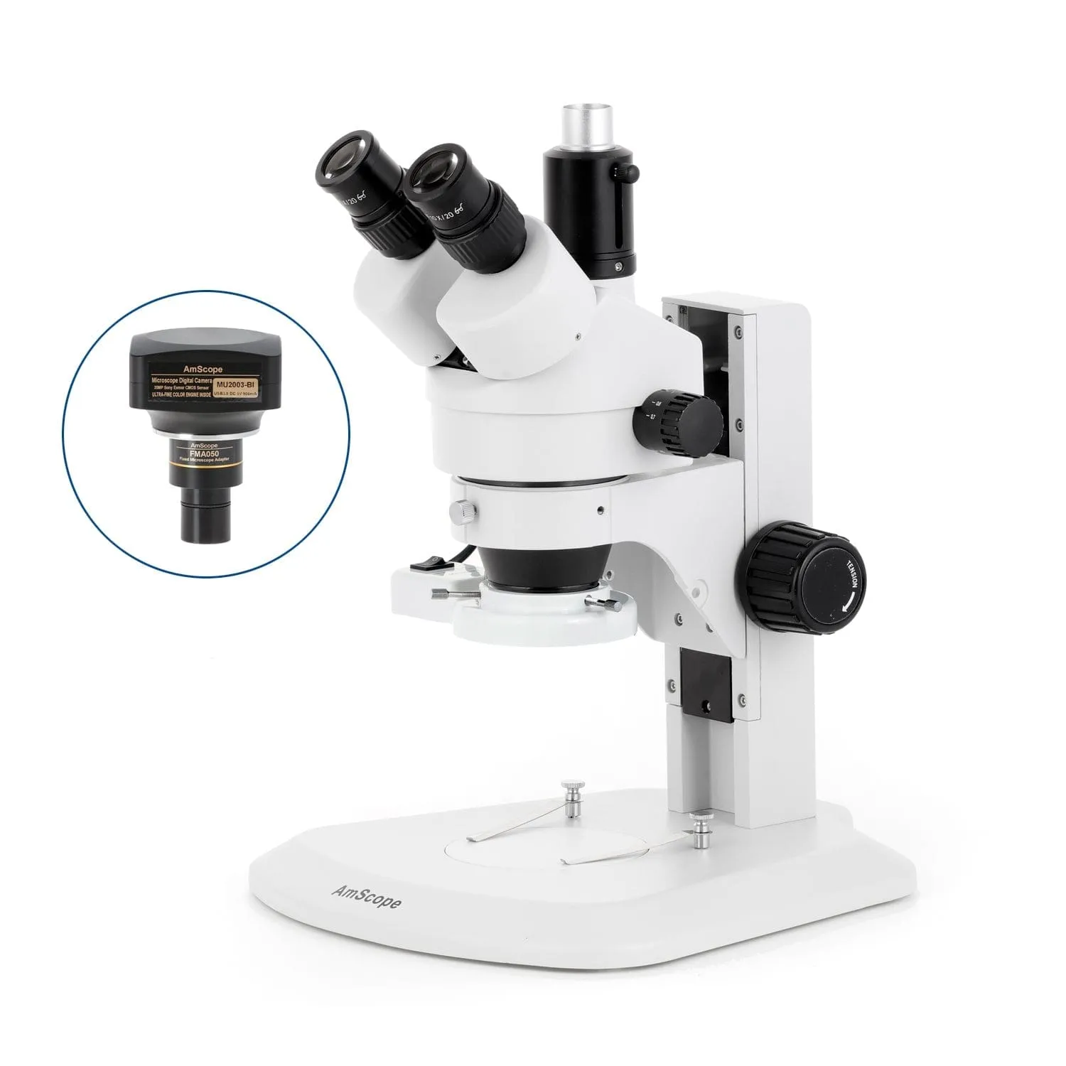 AmScope SM-1 Series Zoom Trinocular Stereo Microscope with 8W Fluorescent Ring Light and Optional Digital Camera on Track Stand