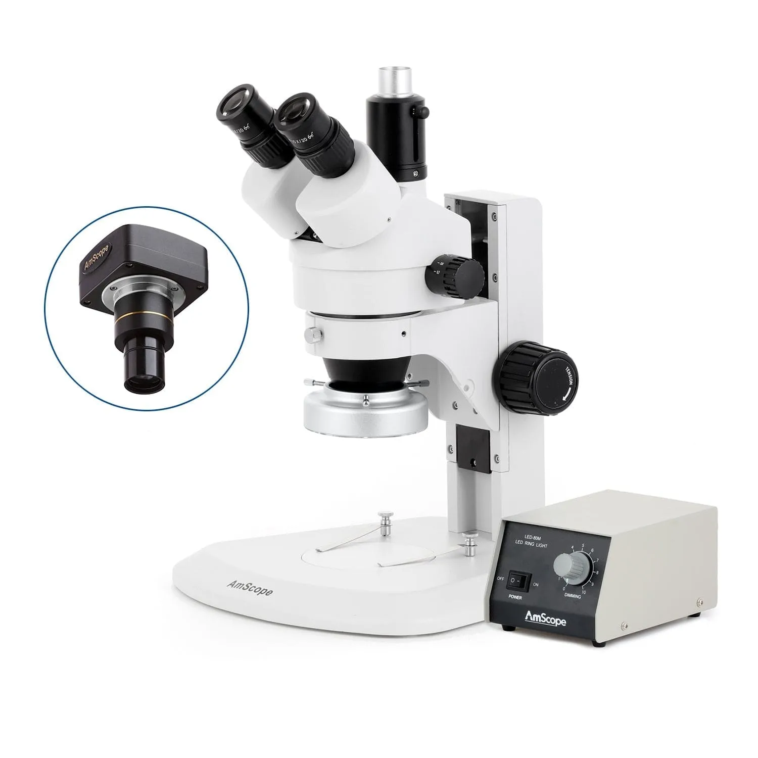 AmScope SM-1 Series Zoom Trinocular Stereo Microscope with Heavy Duty 80 LED Ring Light and Optional Digital Camera on Track Stand